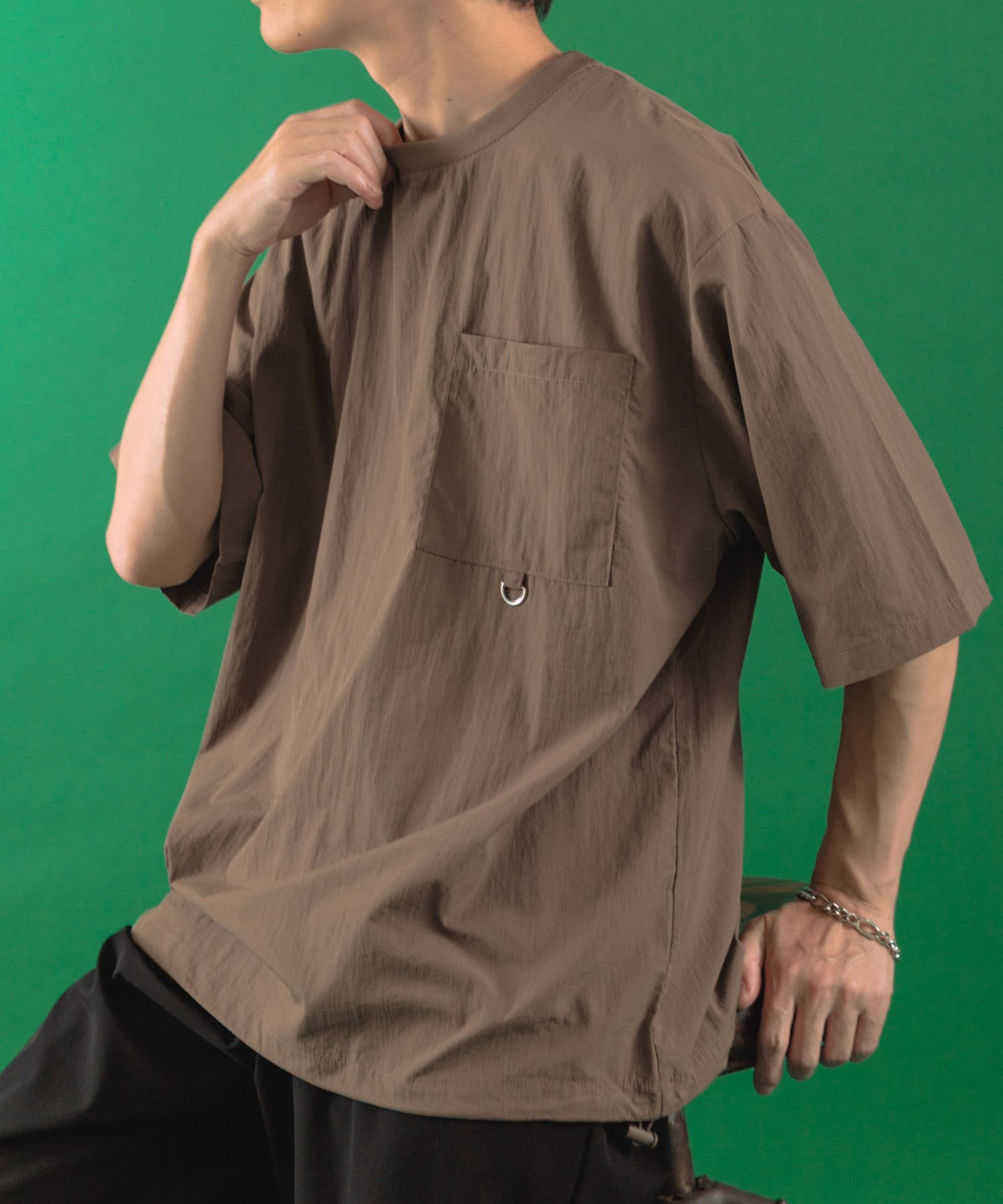 『接触冷感/撥水/イージーケア/UVカット』タスランナイロンクルーネックドロストTシャツ