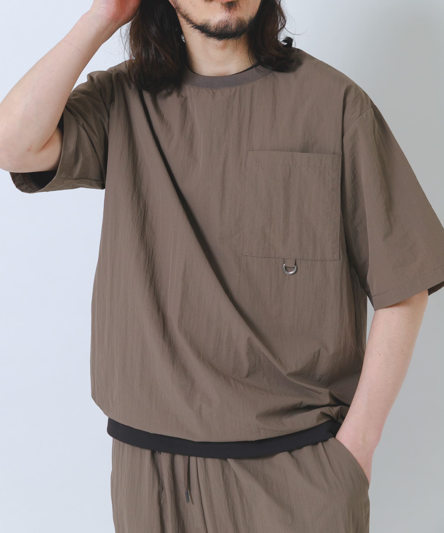 『接触冷感/撥水/イージーケア/UVカット』タスランナイロンクルーネックドロストTシャツ