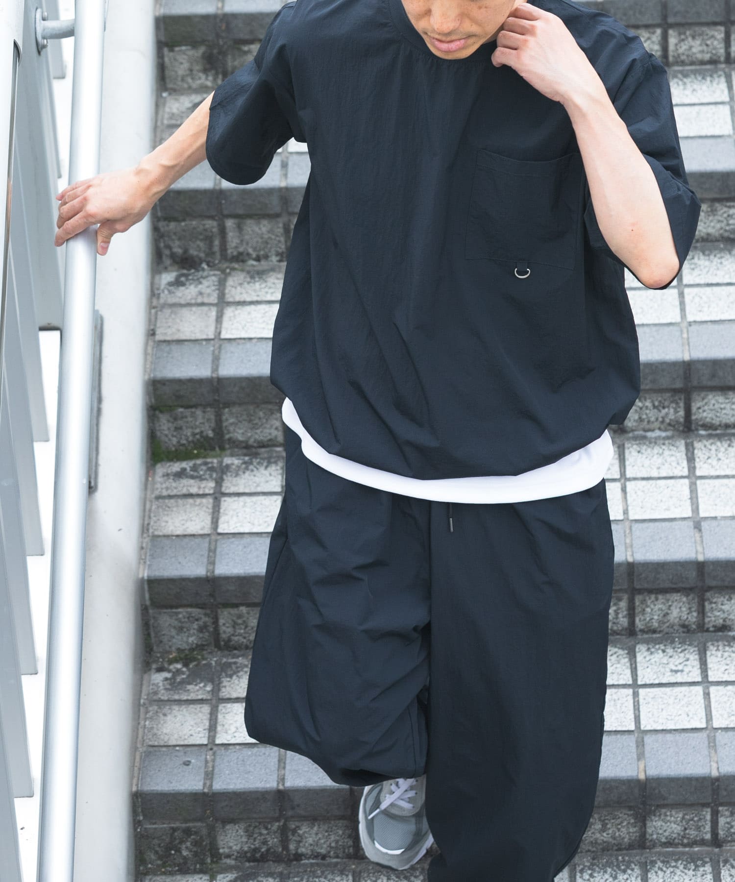 『接触冷感/撥水/イージーケア/UVカット』タスランナイロンクルーネックドロストTシャツ