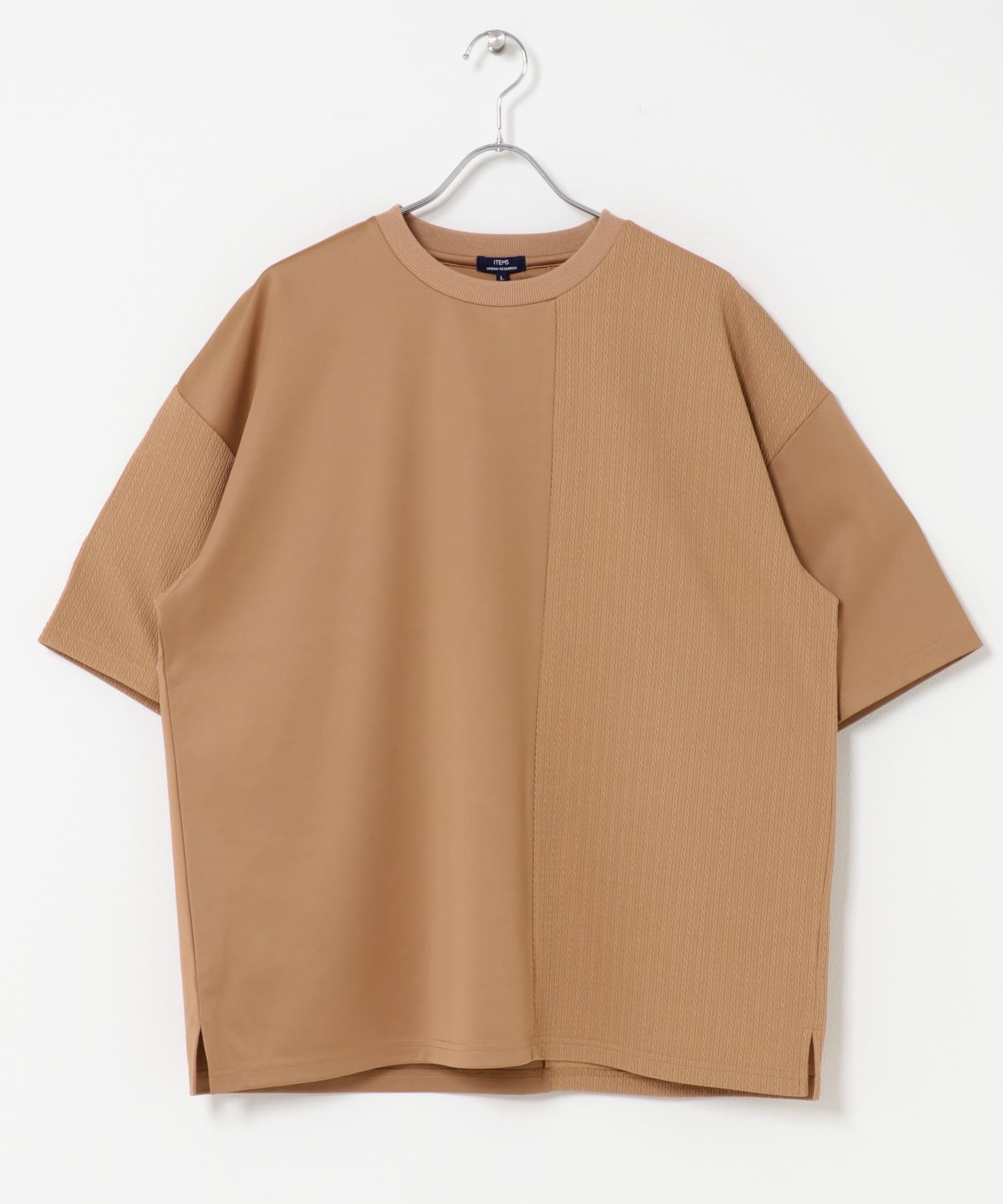 ジャカード×ポンチ切替半袖TOPS L.BROWN M