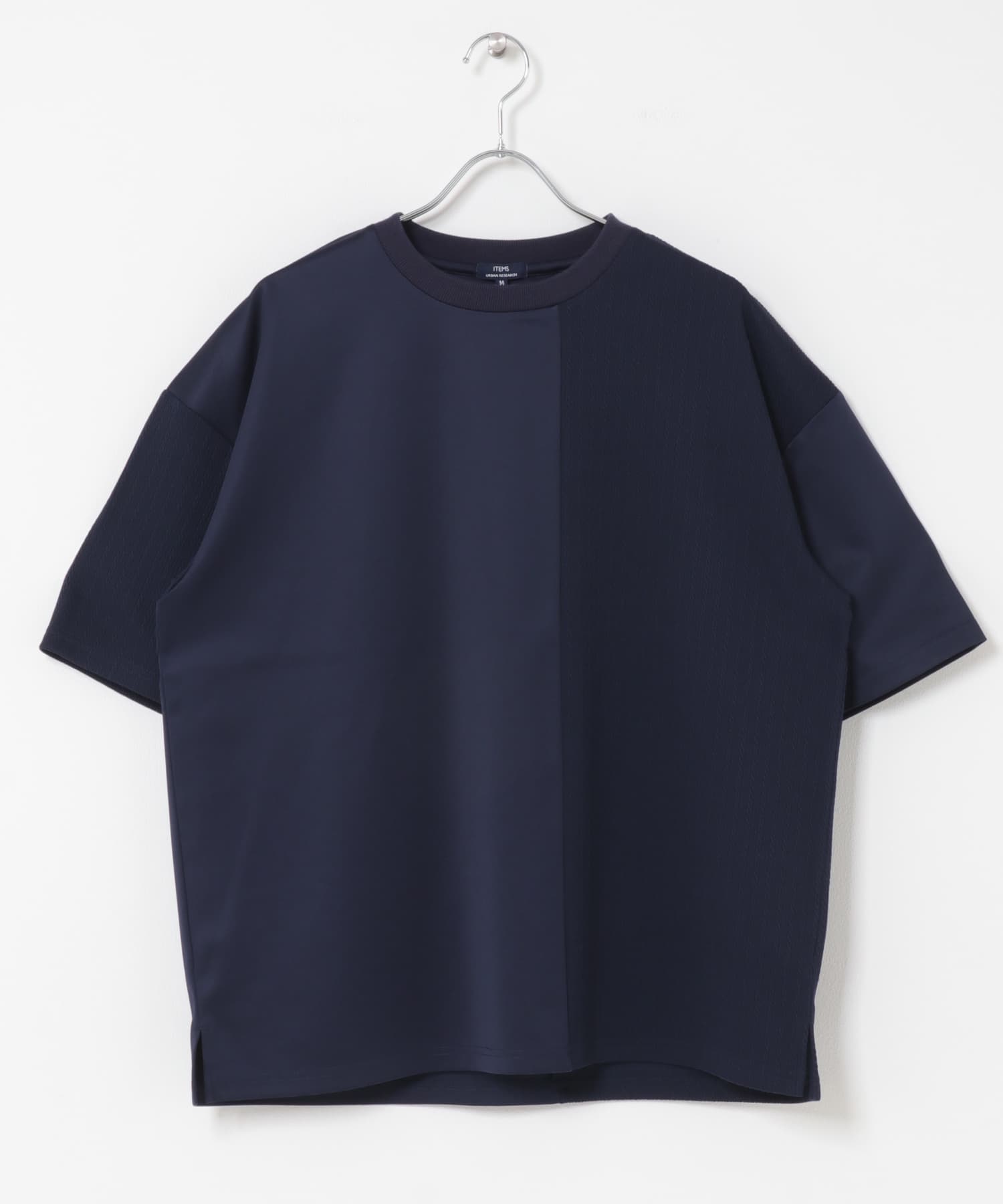ジャカード×ポンチ切替半袖TOPS NAVY M