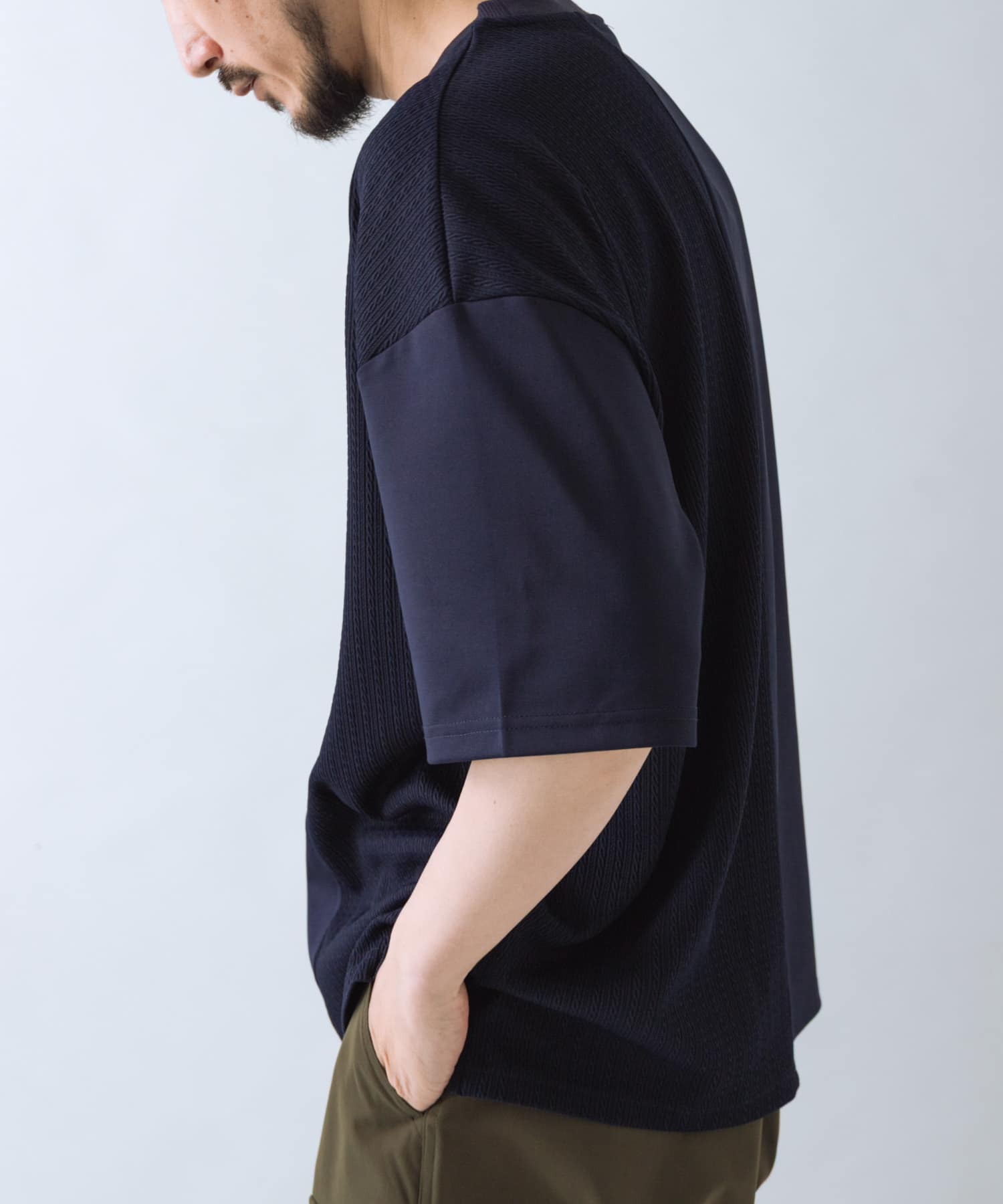 ジャカード×ポンチ切替半袖TOPS(M OFF WHITE): トップス｜URBAN