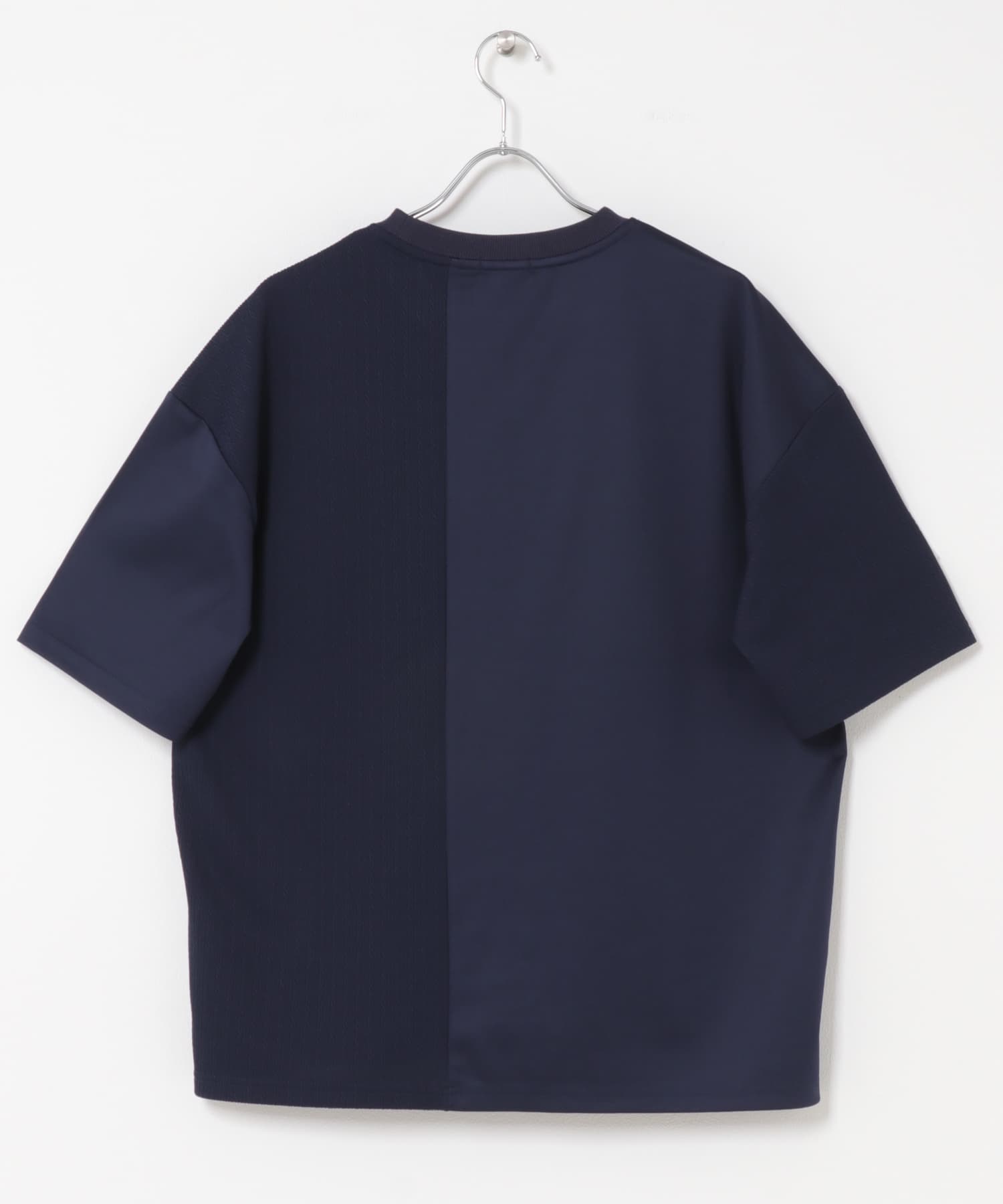 ジャカード×ポンチ切替半袖TOPS NAVY M