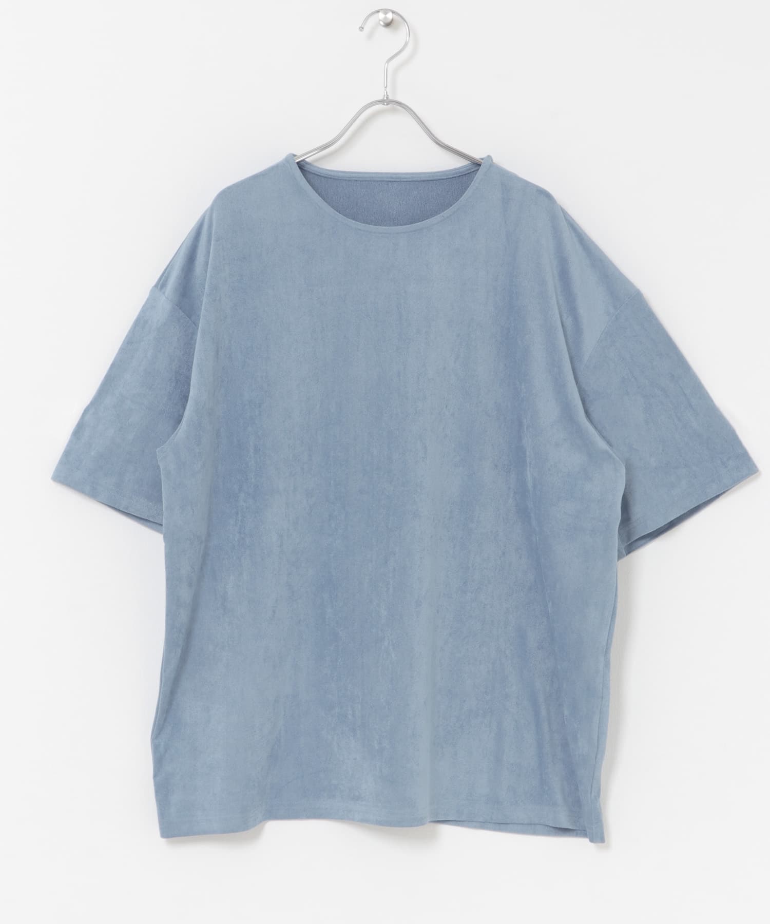 接触冷感フェイクスエード半袖クルーネックTシャツ L.BLUE M