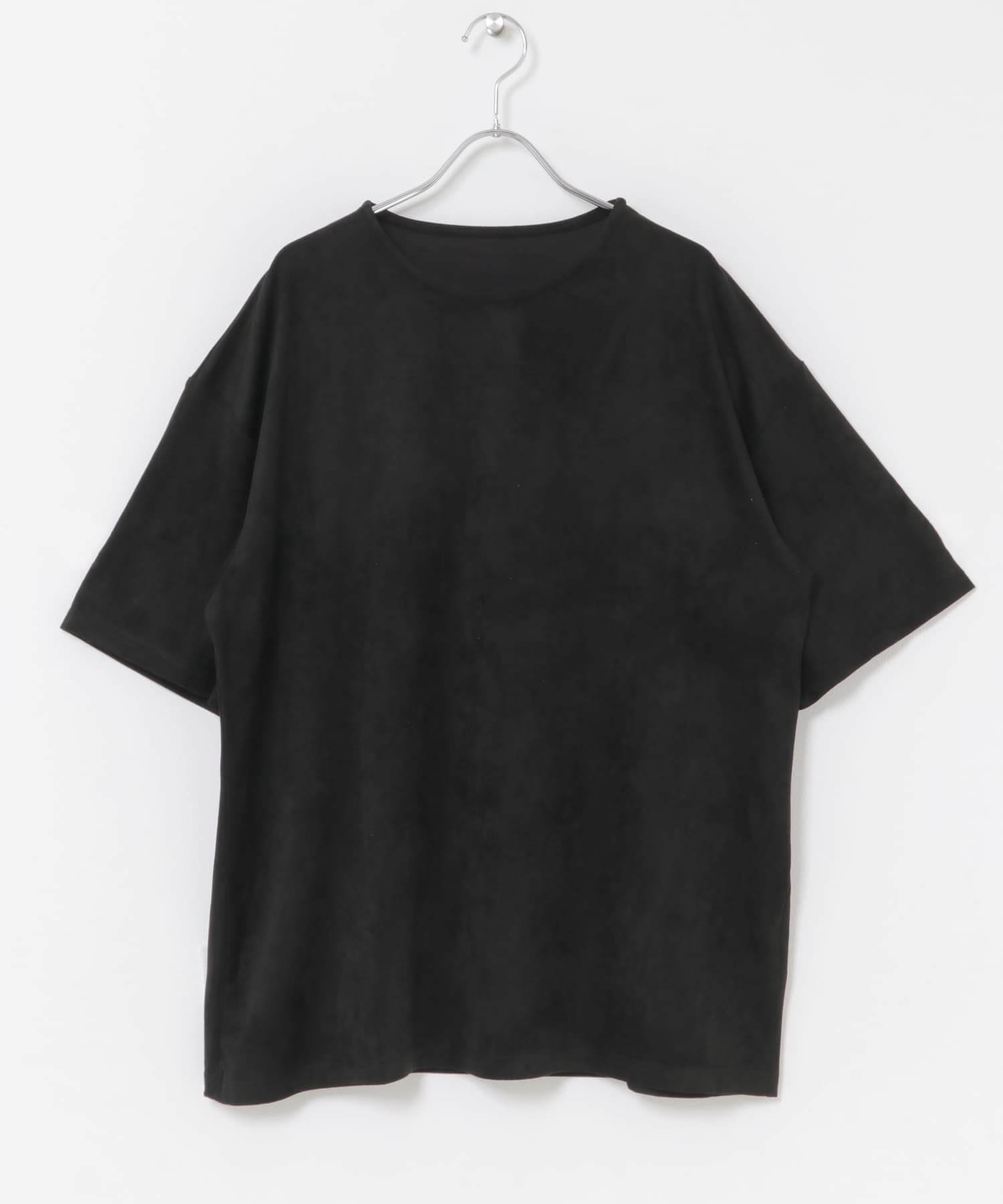 接触冷感フェイクスエード半袖クルーネックTシャツ BLACK M