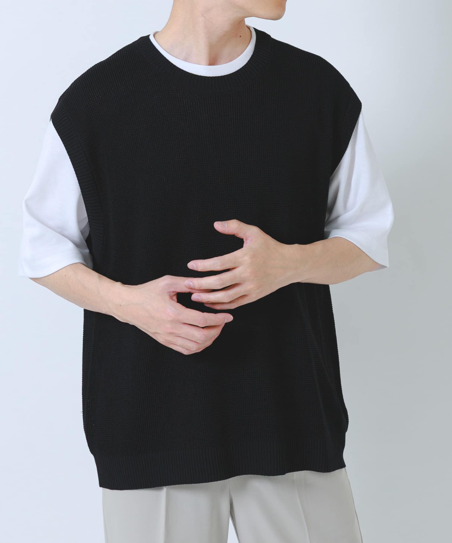 『接触冷感/抗菌』高機能ニットベスト+5分袖Tシャツset(楽着シリーズ)