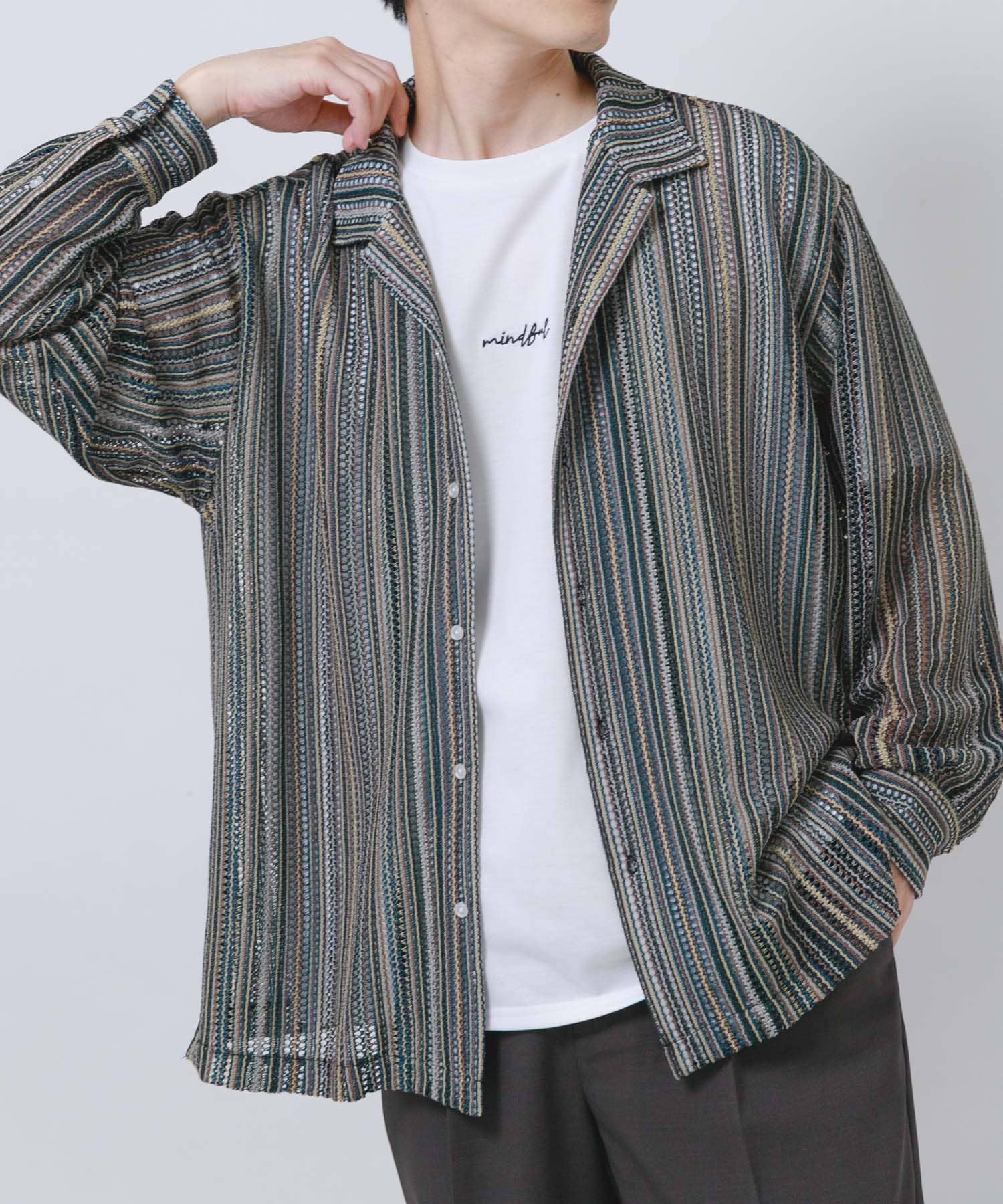 マルチストライプレースオープンカラーシャツ