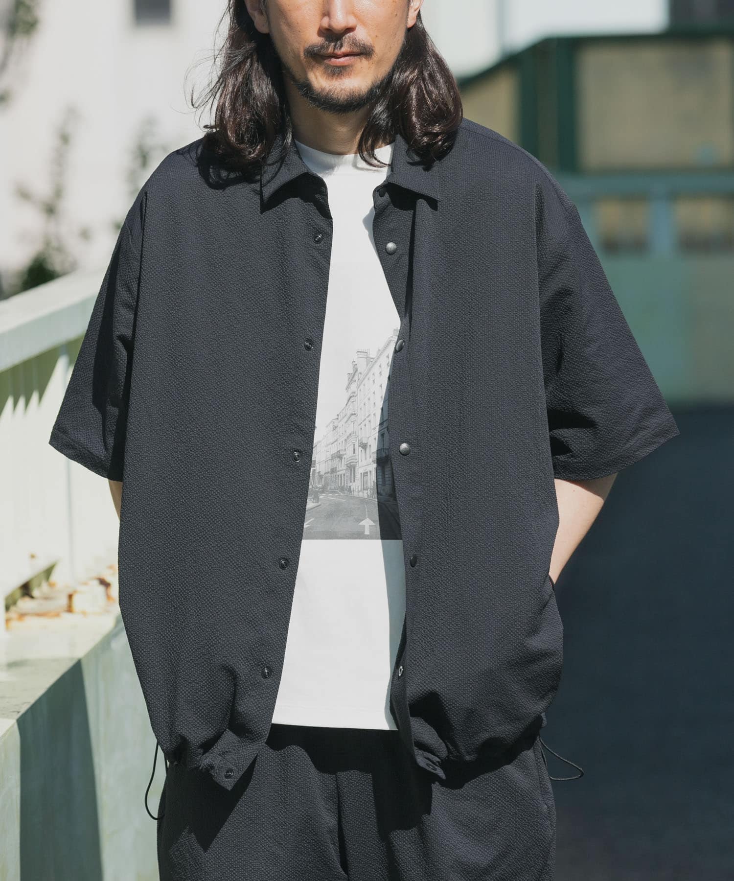 『接触冷感/イージーケア/吸水速乾/撥水/防汚』高機能シアサッカー サイドストレージシャツ(楽着シリーズ)