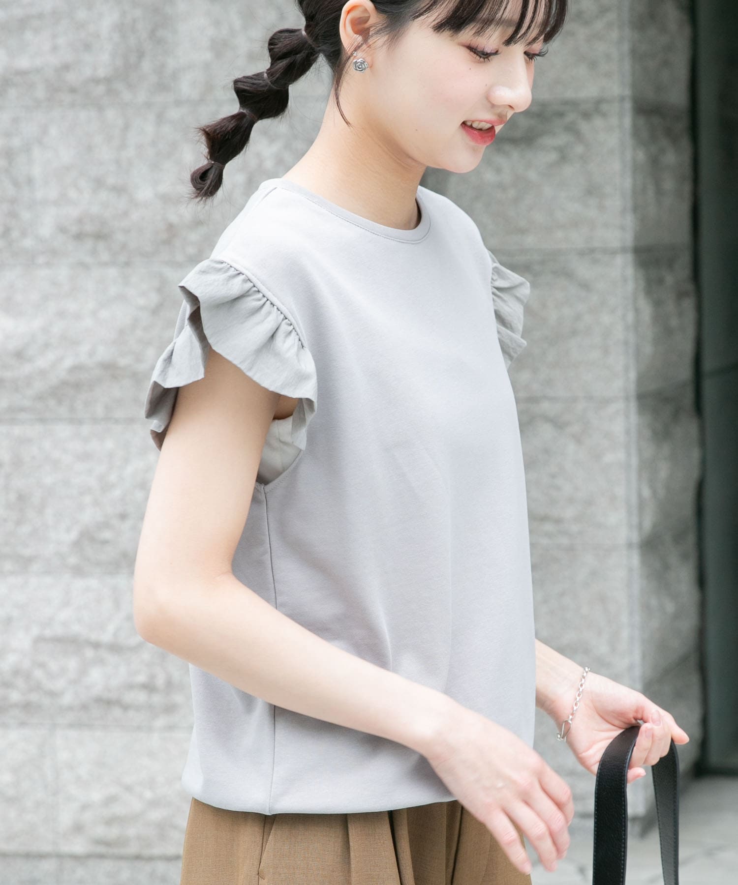 袖フリルミニ裏毛Tシャツ