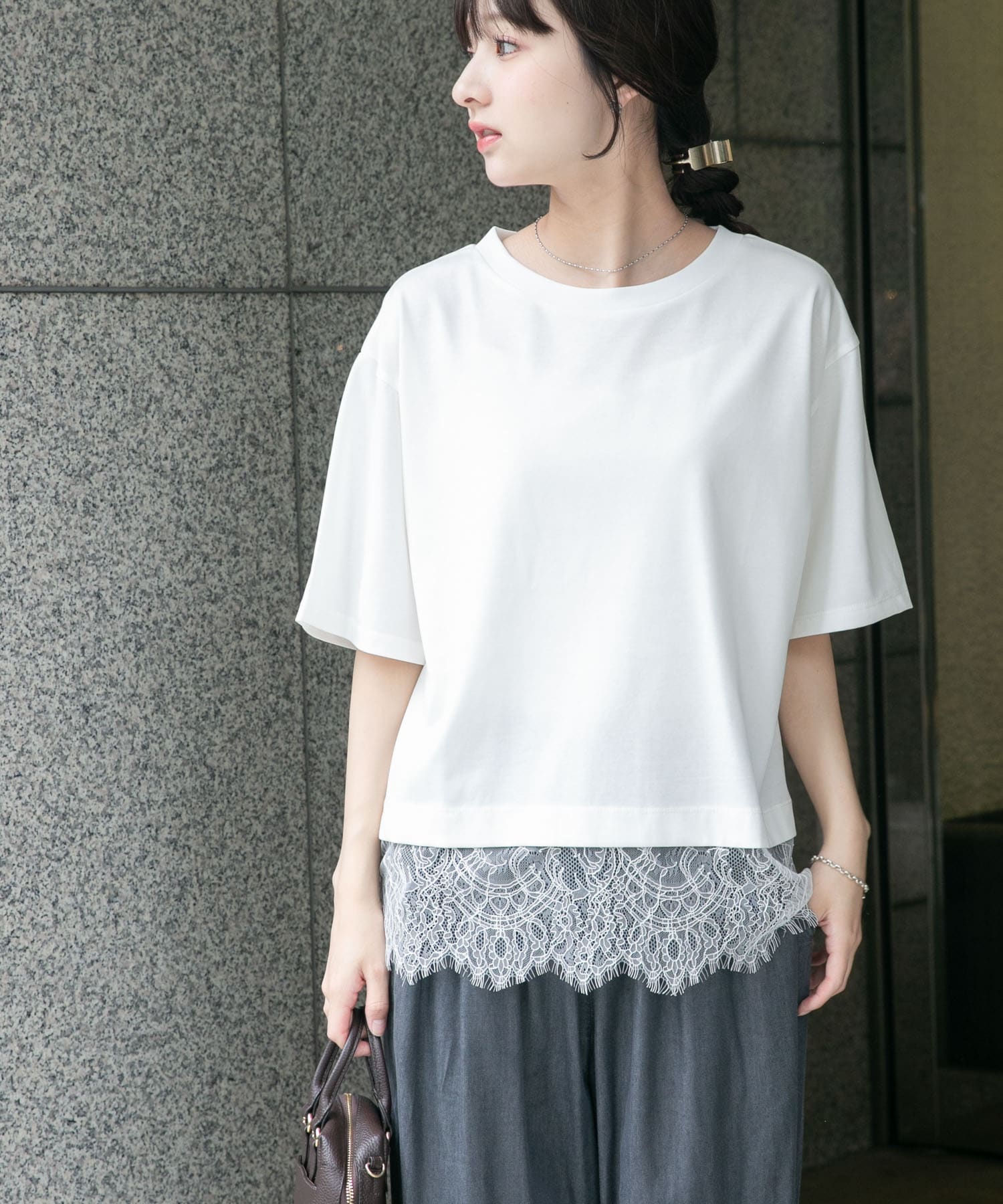裾レースコンビTシャツ