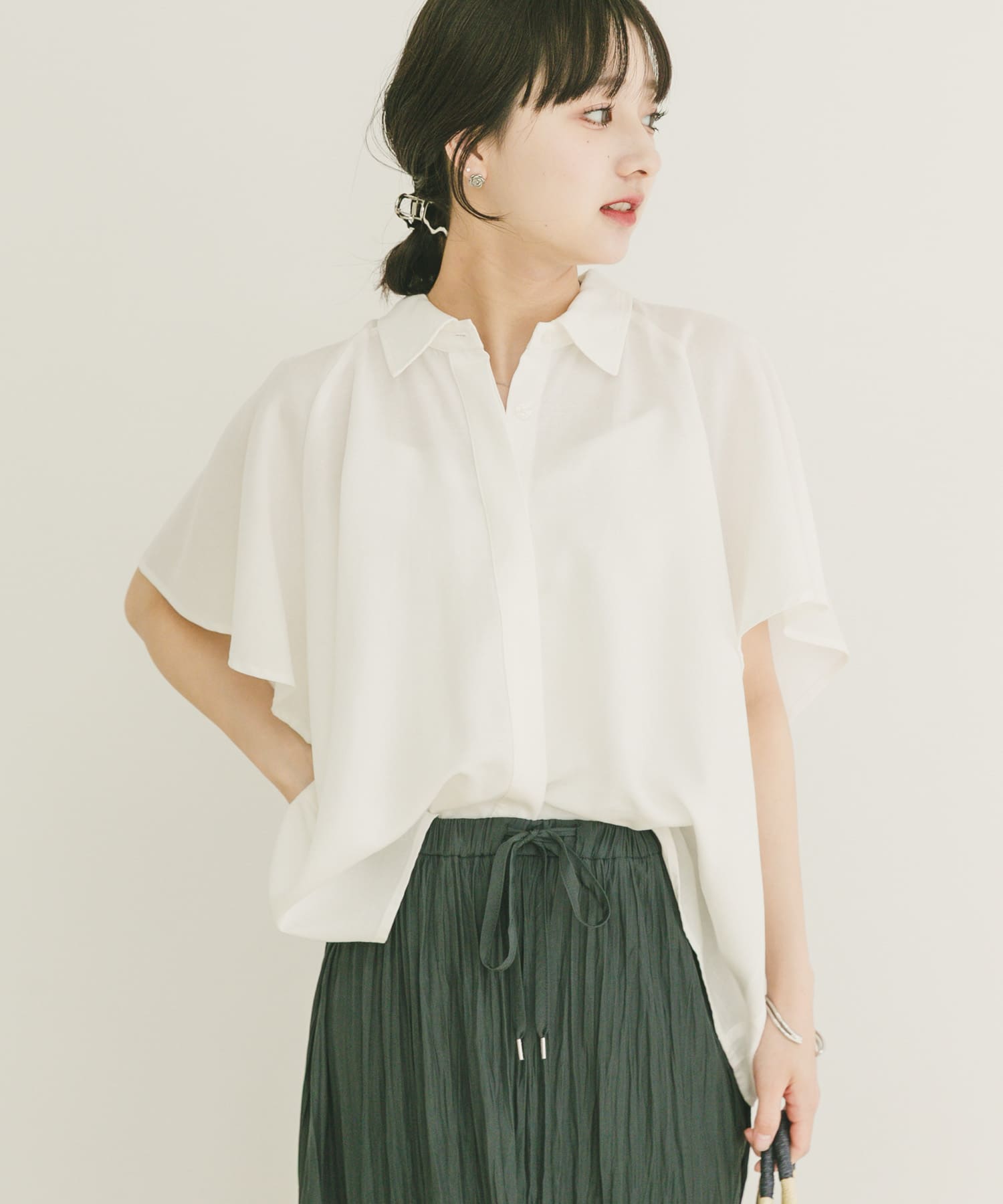 リネン混フレアスリーブシャツ