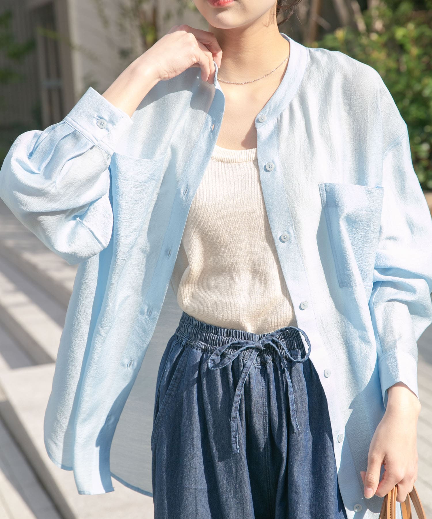 シアーバンドカラーシャツ