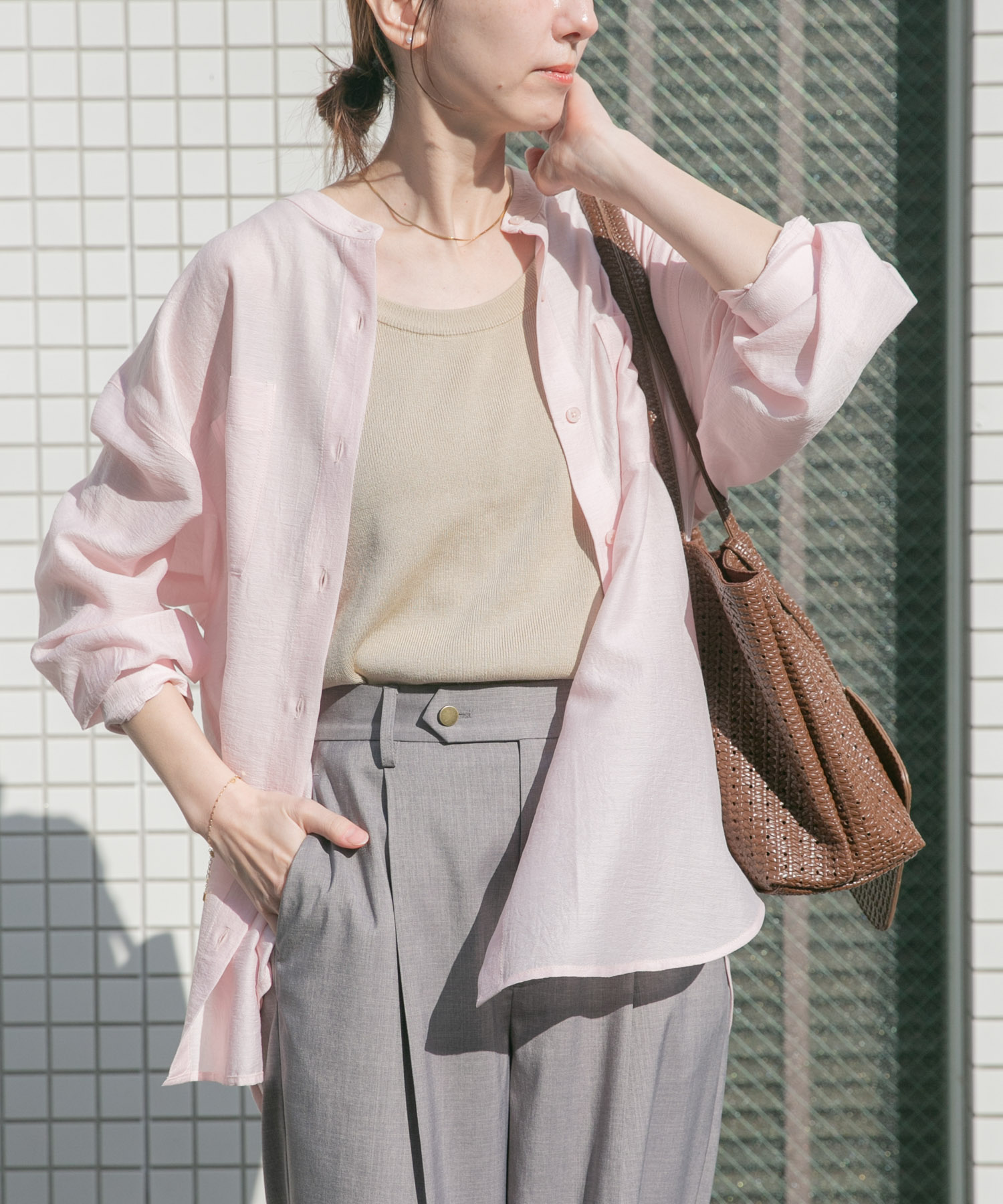 シアーバンドカラーシャツ