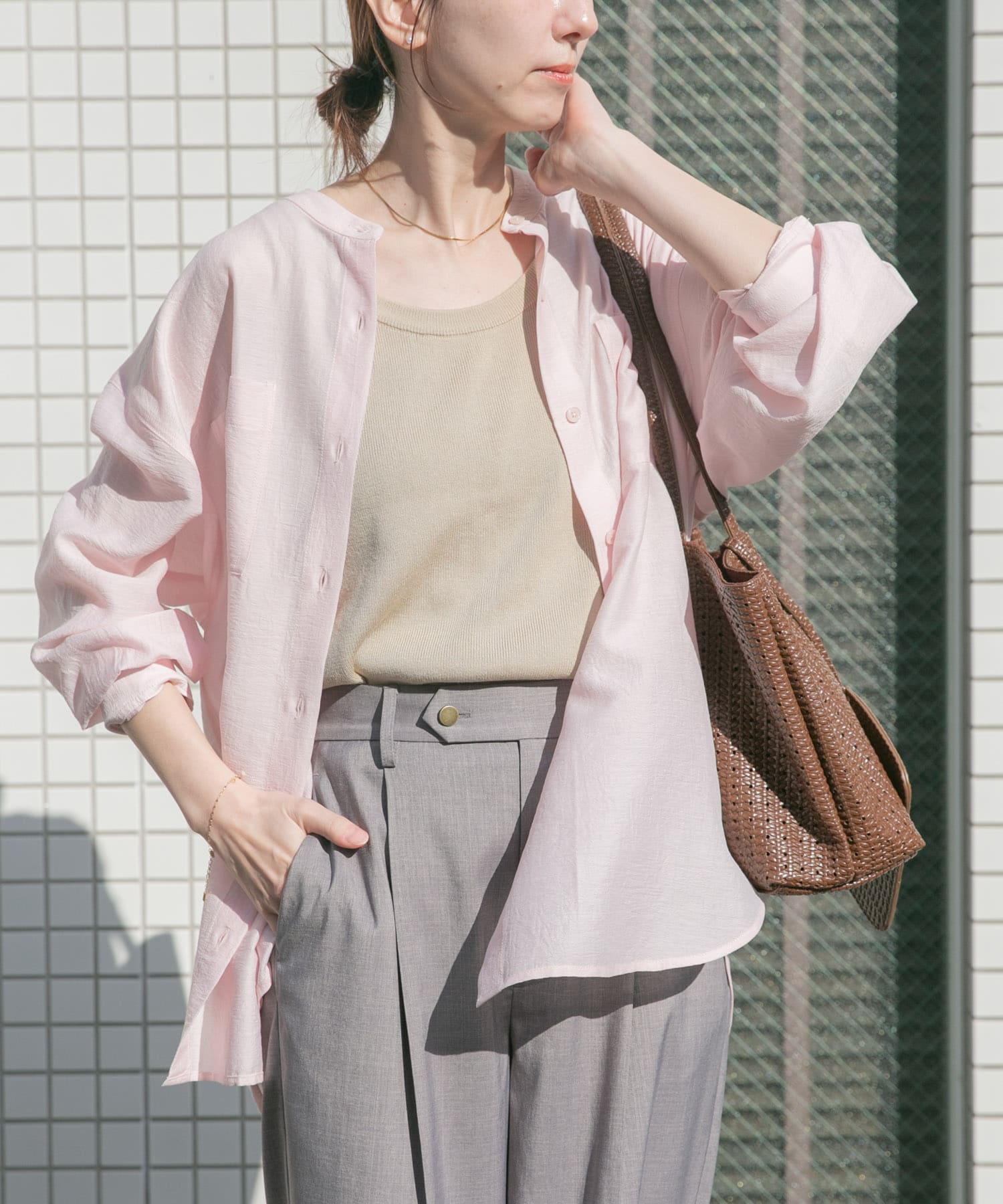 シアーバンドカラーシャツ