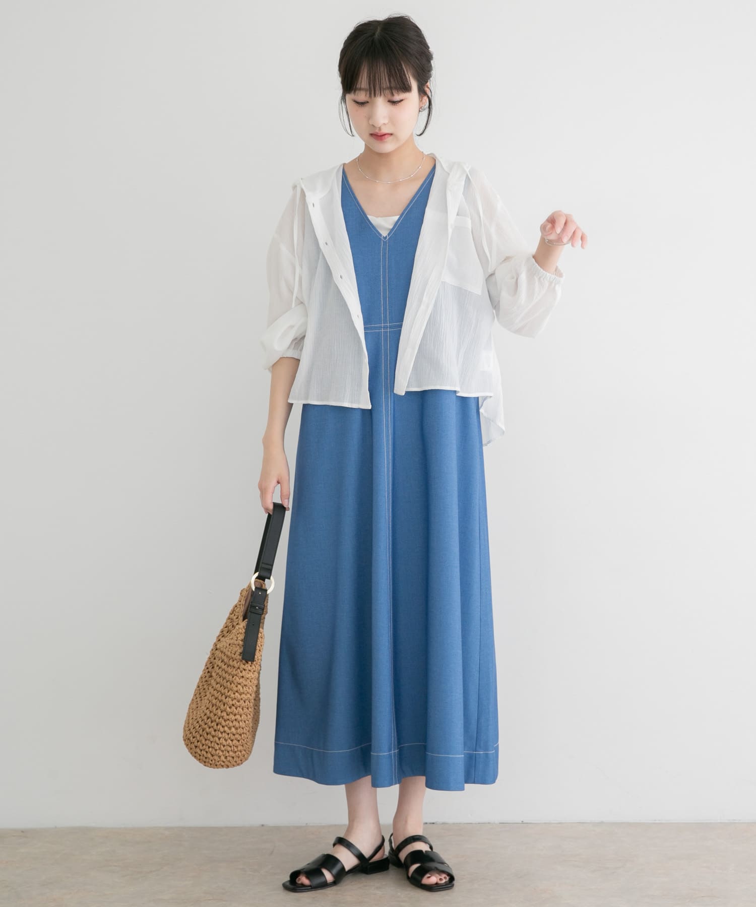 『洗濯可』レーヨンデニムテントワンピース