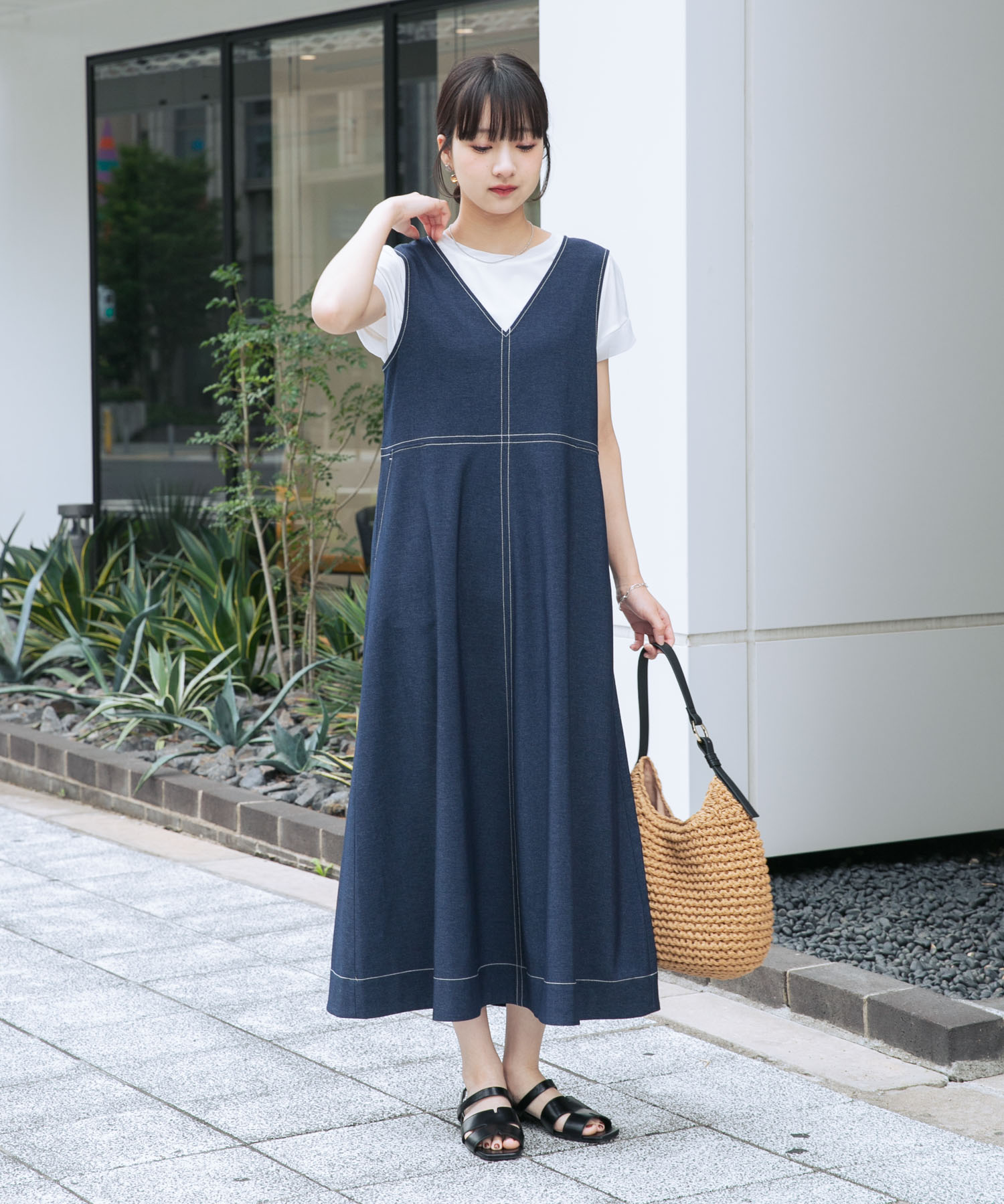『洗濯可』レーヨンデニムテントワンピース