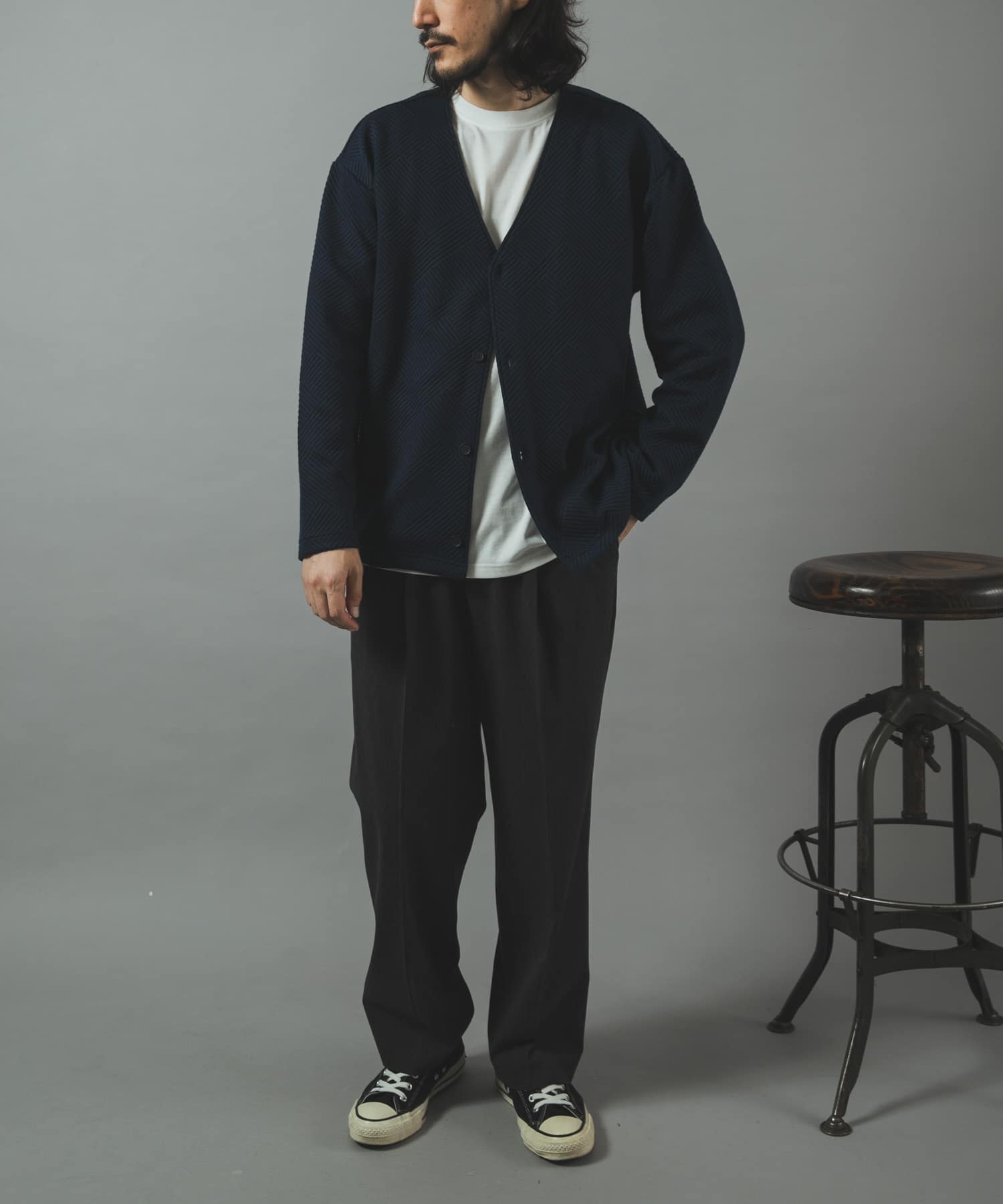 ジャカードカーディガン+インナーセット NAVY L