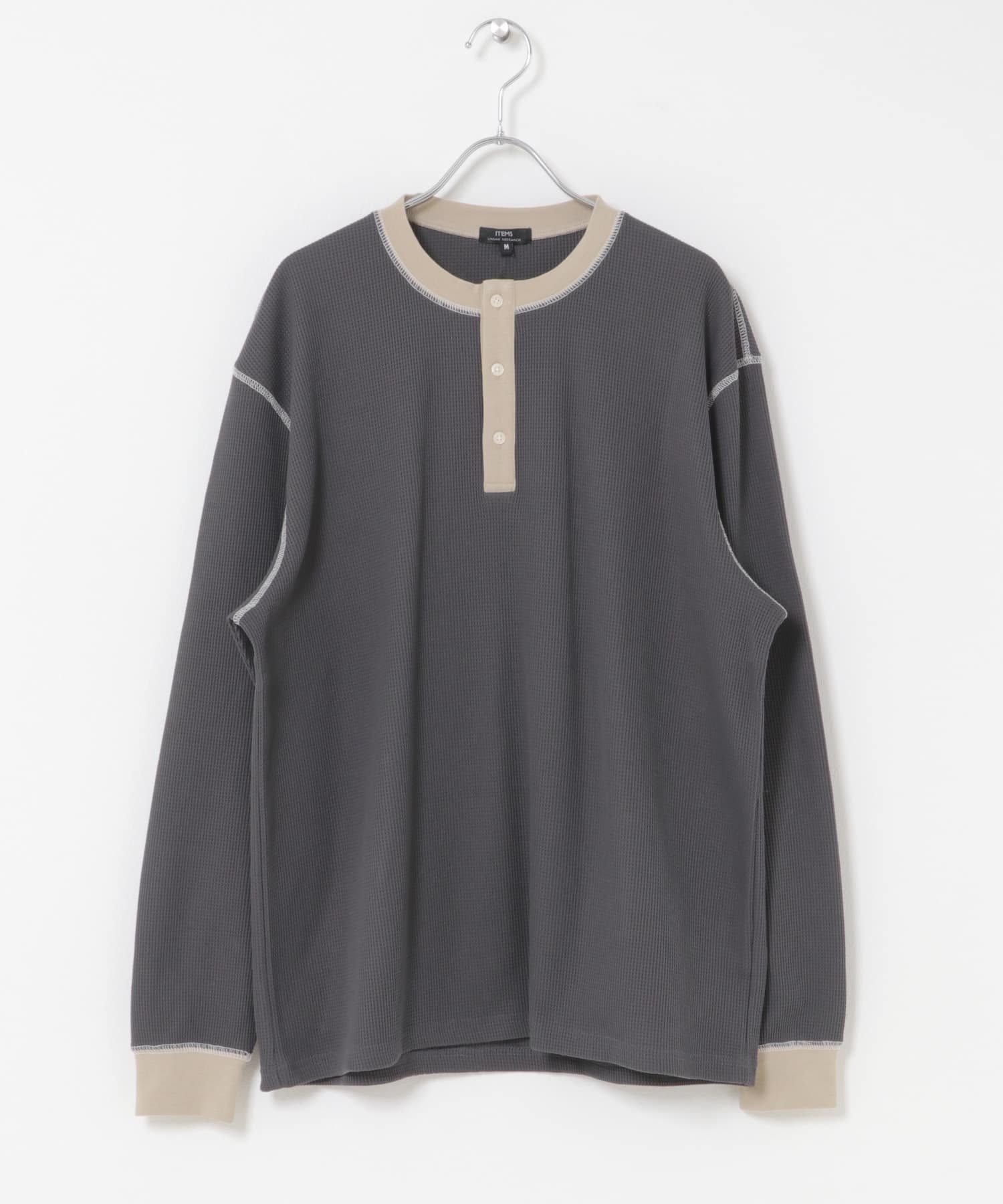 配色ワッフルヘンリーネックカットソー CHARCOAL M