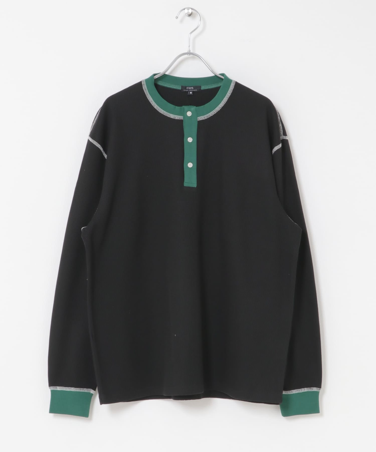 配色ワッフルヘンリーネックカットソー BLACK M