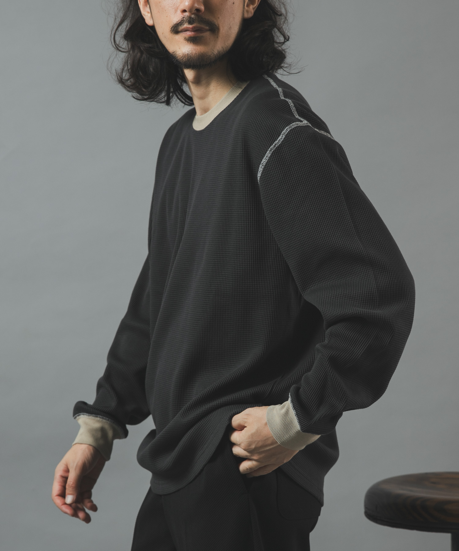 配色ワッフル クルーネック カットソー