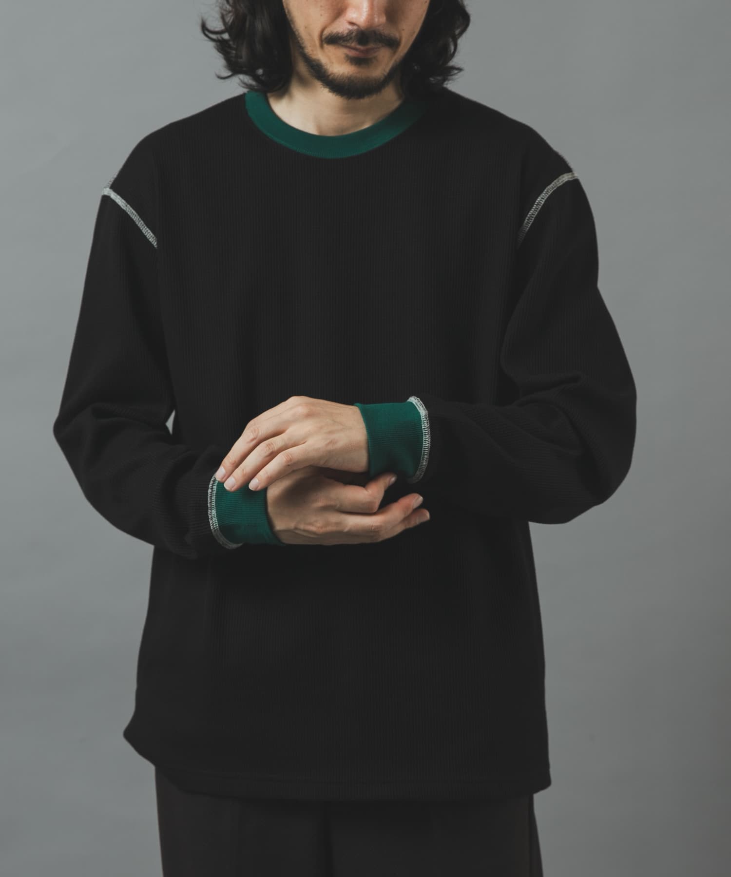 配色ワッフル クルーネック カットソー(M BLACK): トップス｜URBAN