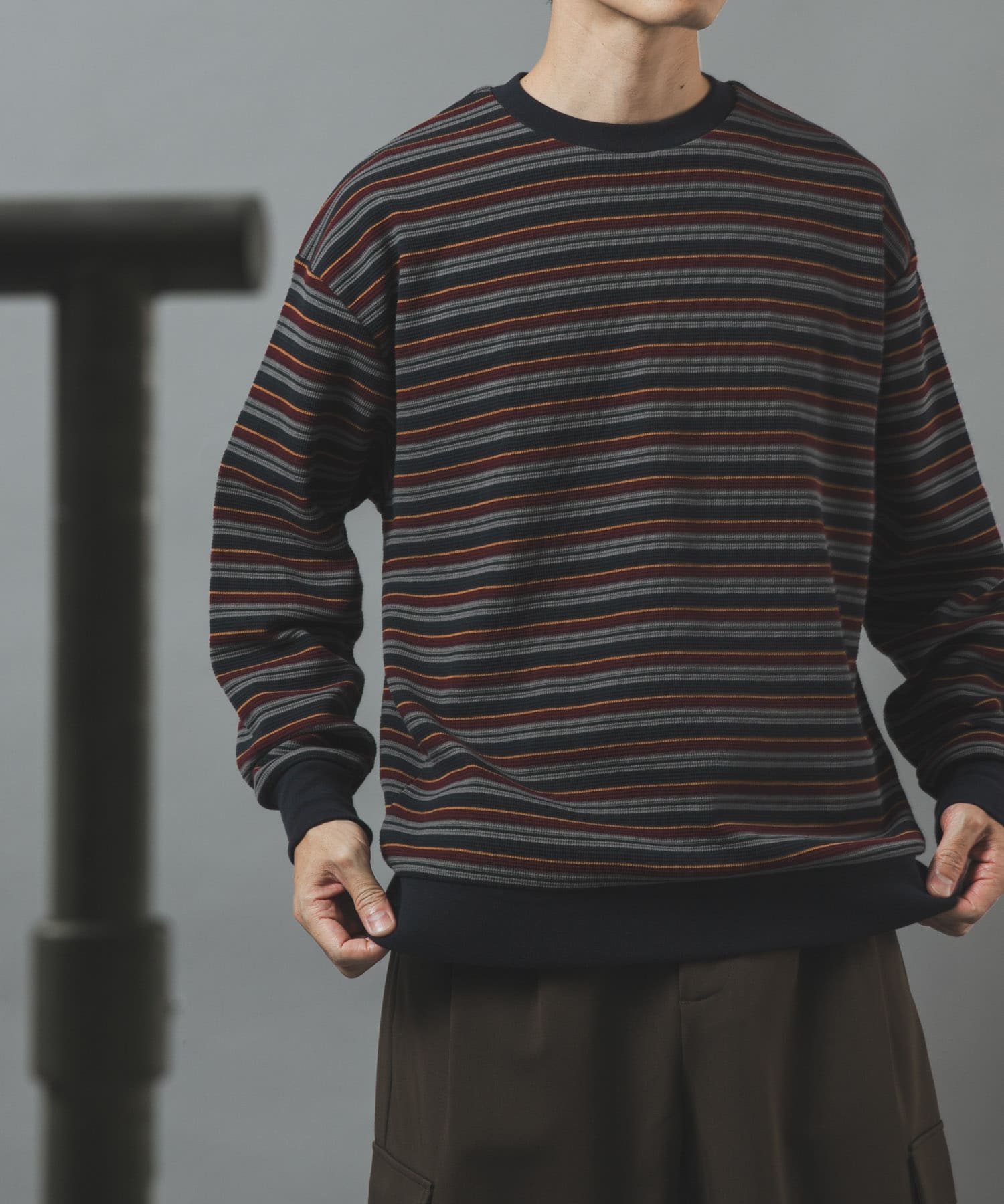 ワッフルロングスリーブカットソー(M OLV STRIPE): トップス｜URBAN
