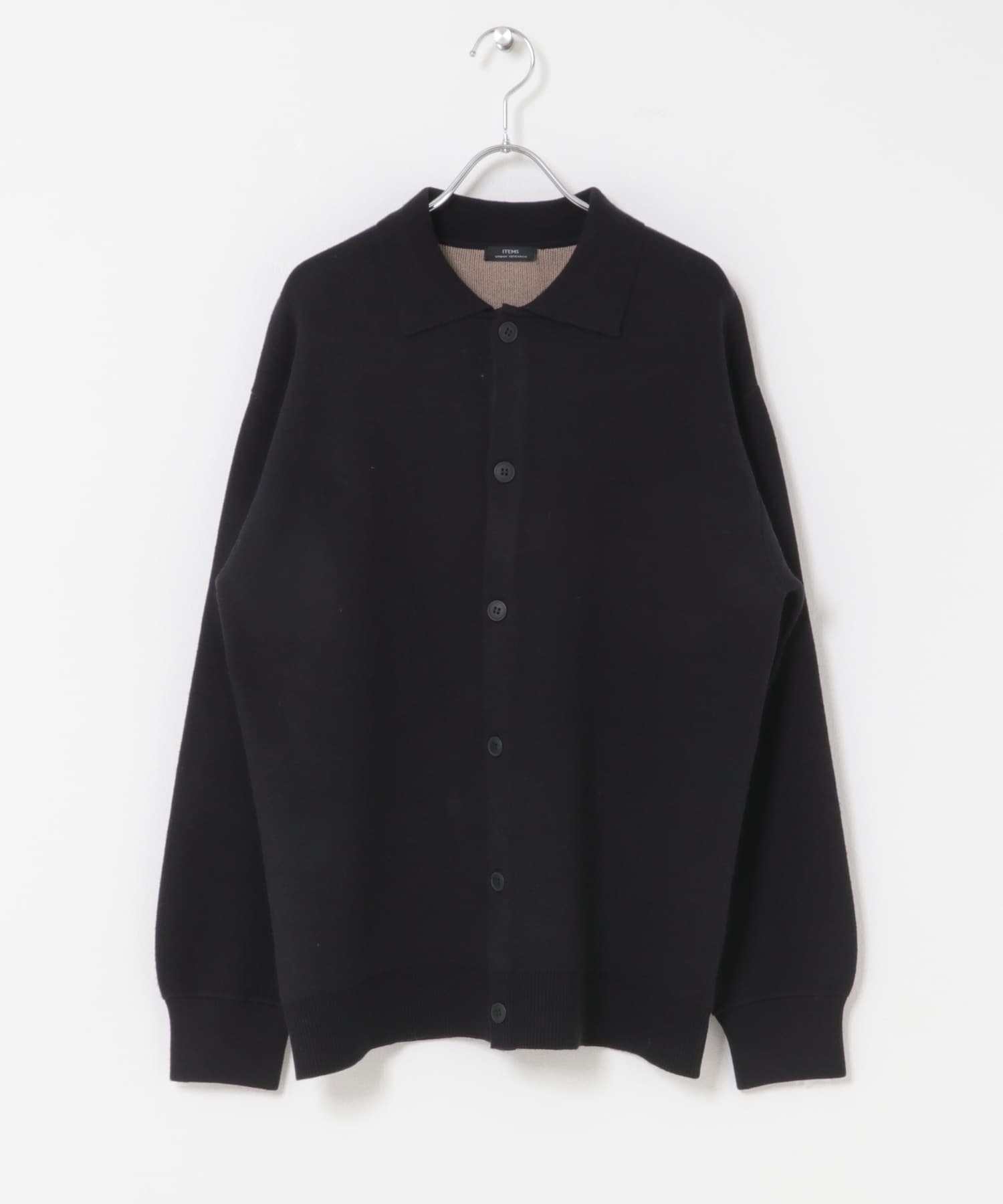 洗濯可』スウェットタッチニットポロカラーカーディガン(L BLACK