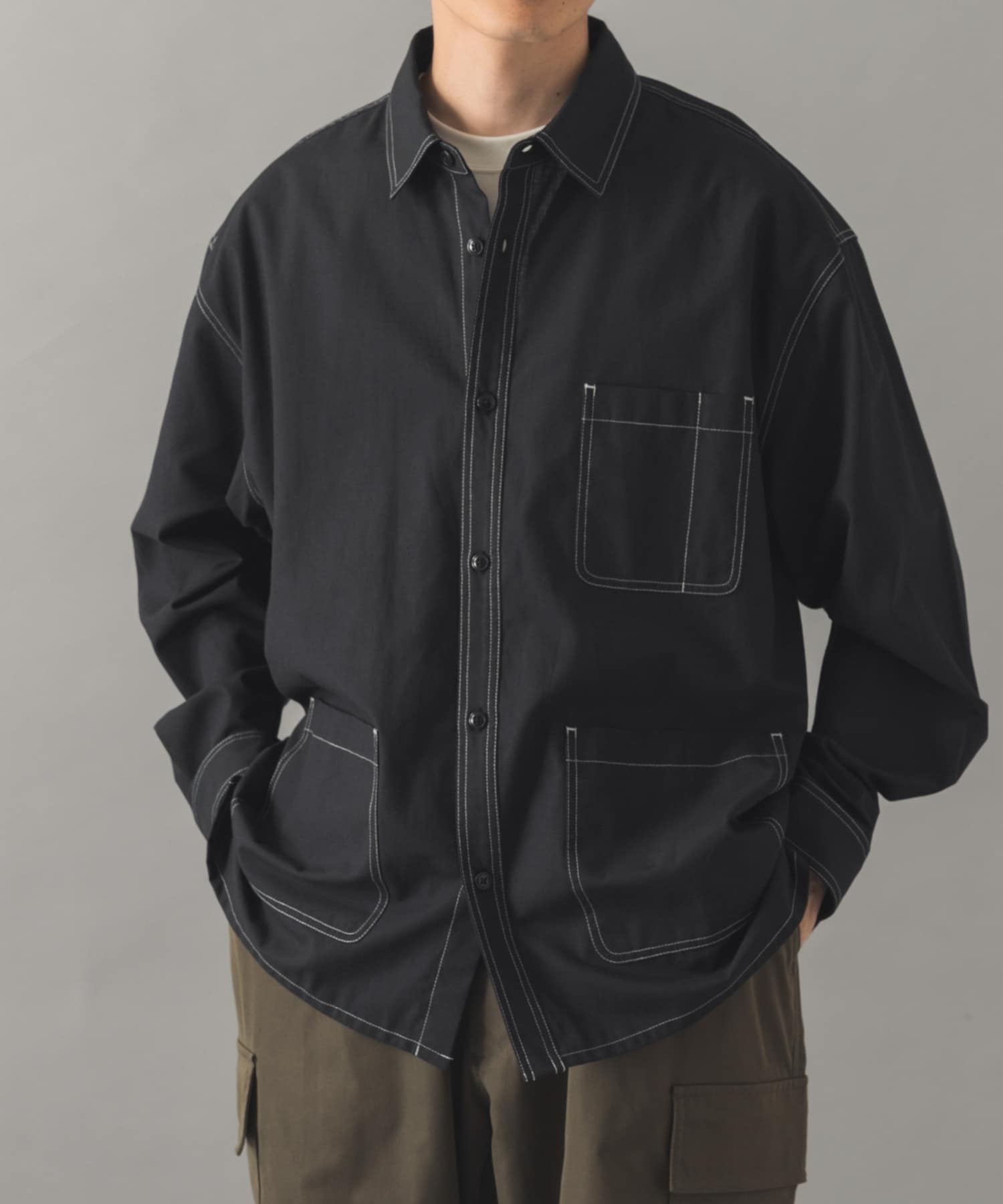 Wステッチ シャンブレー カバーオールシャツ(M BLACK): トップス