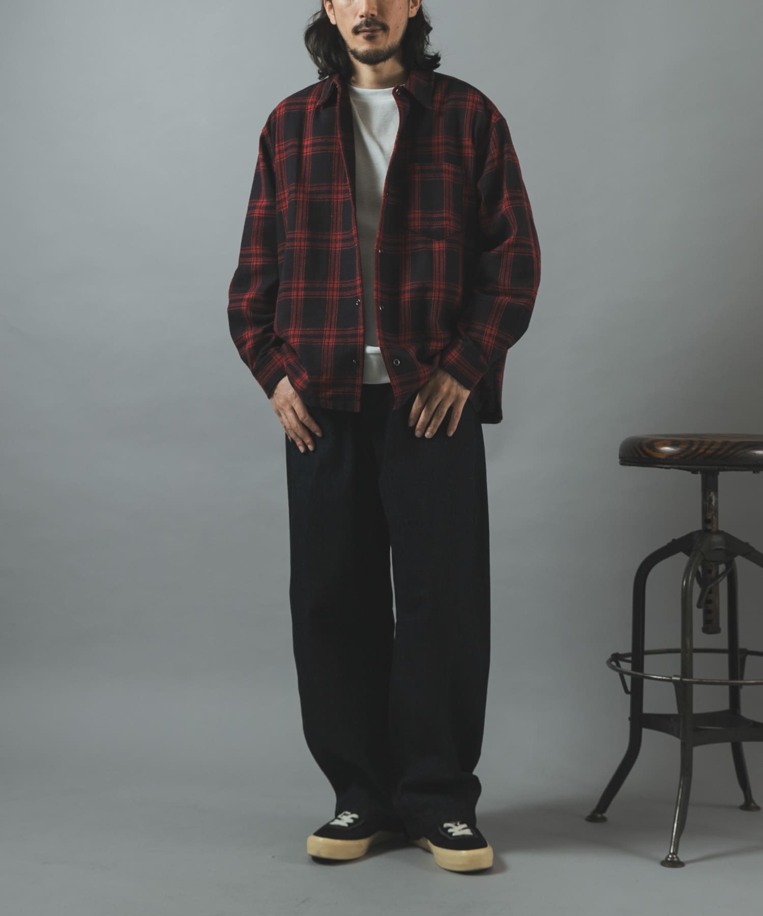ツイードチェックリングドットボタンシャツ RED L