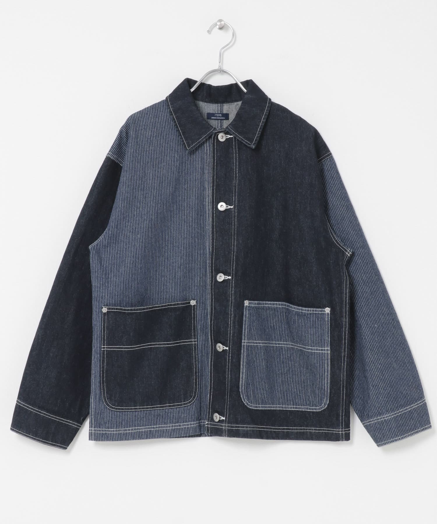 ヒッコリー×デニム切替 ワークジャケット NAVY M