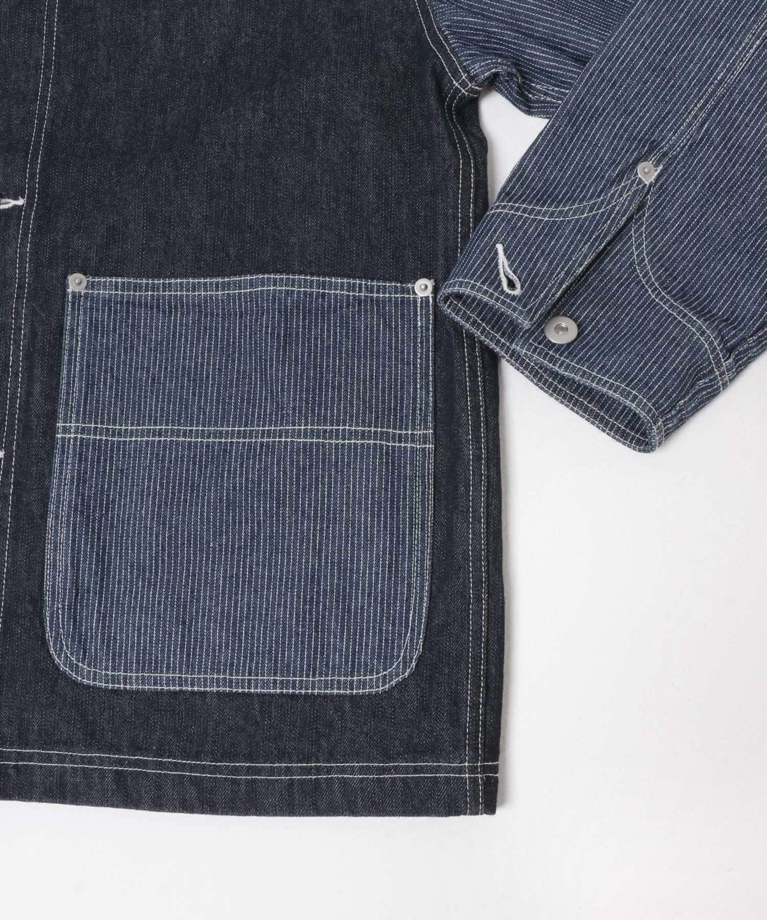 ヒッコリー×デニム切替 ワークジャケット NAVY M