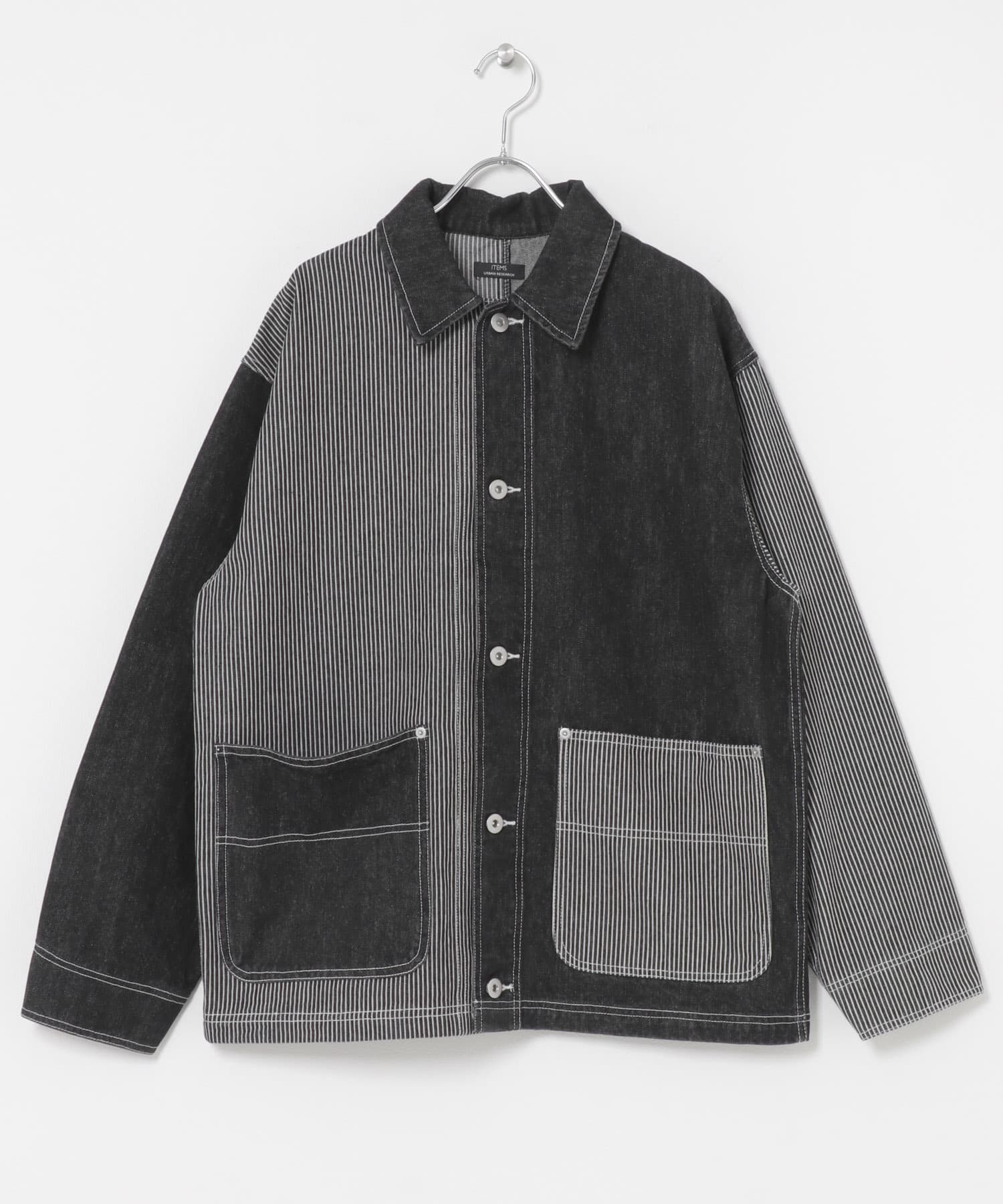 ヒッコリー×デニム切替 ワークジャケット BLACK M