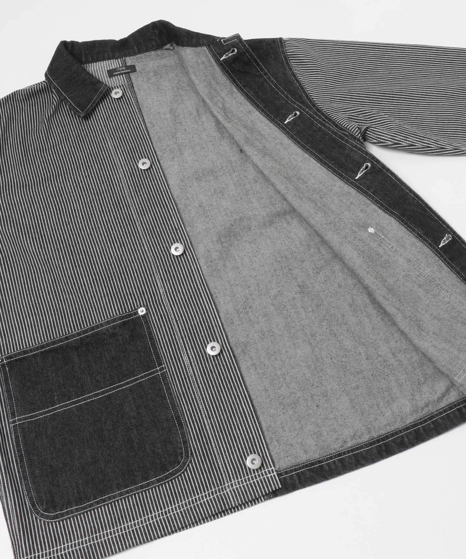 ヒッコリー×デニム切替 ワークジャケット BLACK M