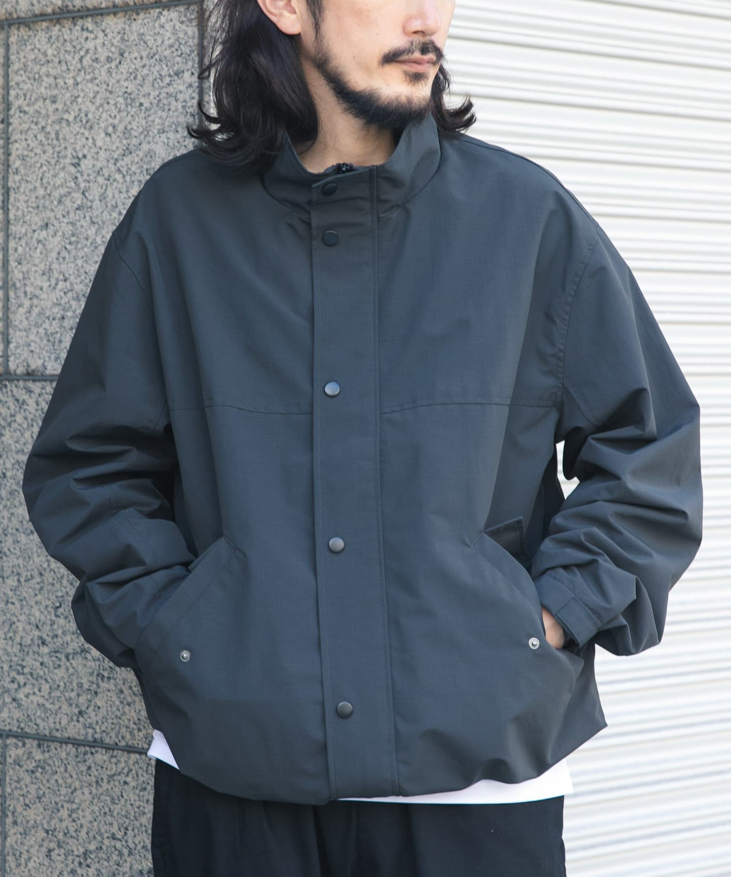 防風/撥水』ナイロンスタンドネックミリタリーブルゾン(M BLACK
