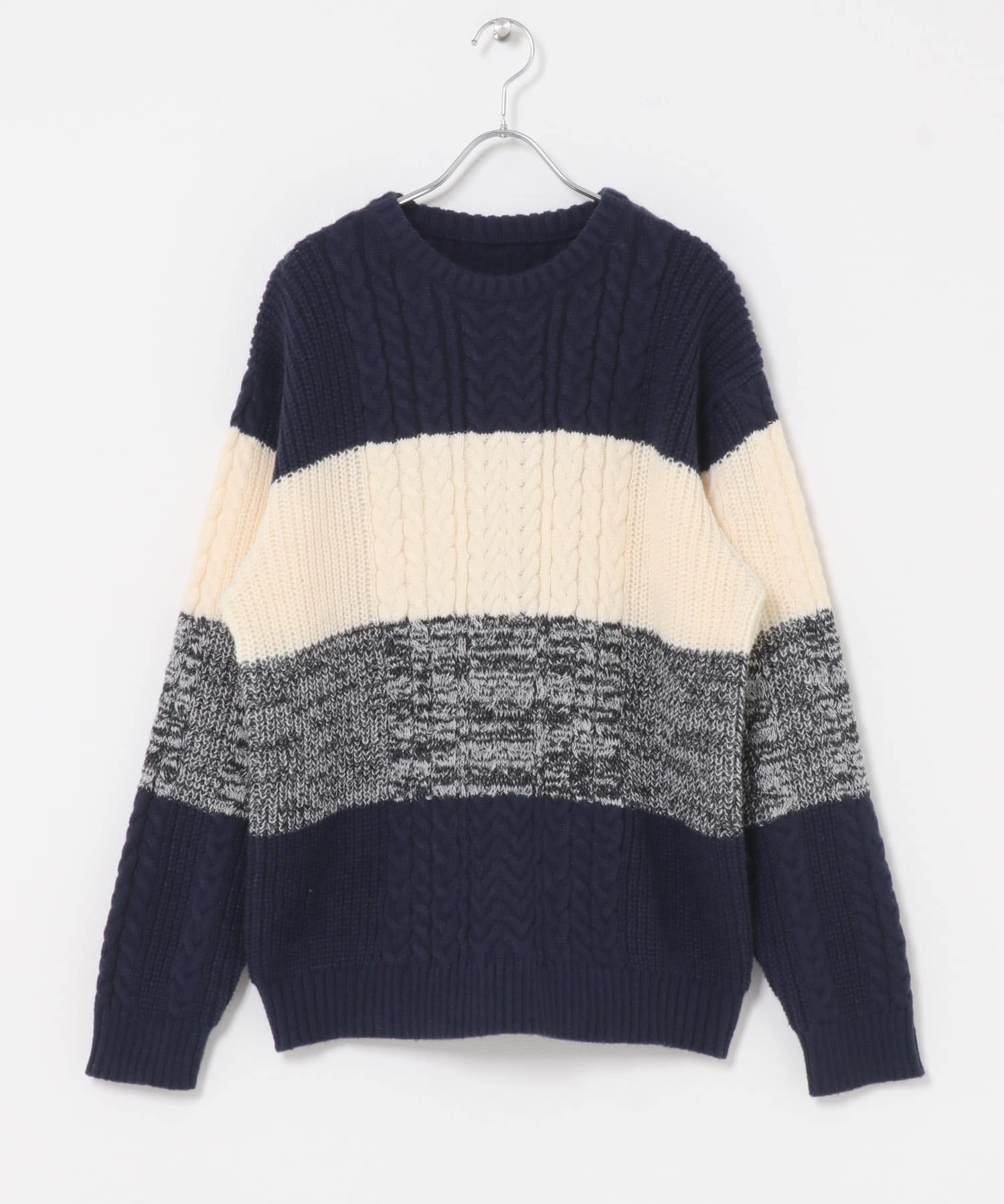パネルテクスチャーボーダークルーネックニット NAVY M