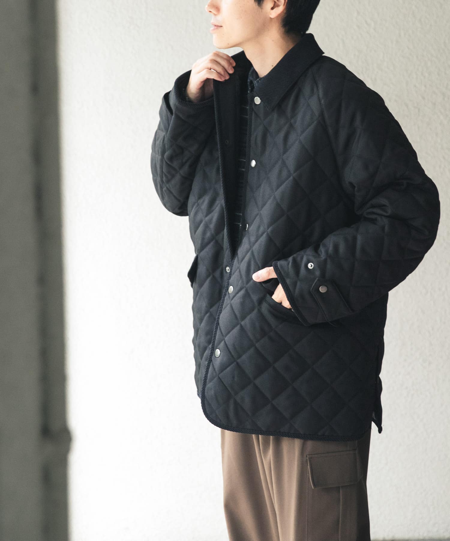 襟コーデュロイ中綿 キルティングジャケット(M BLK TWILL): アウター