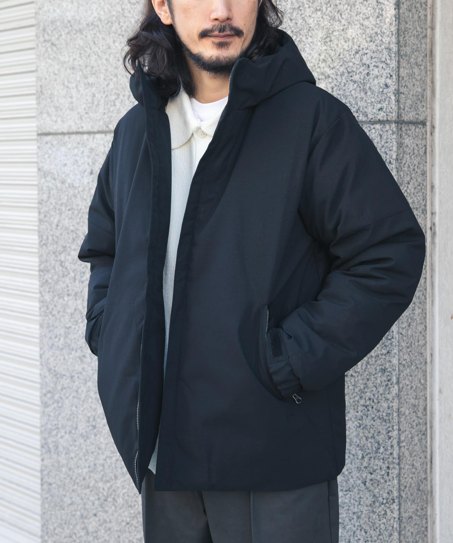 梳毛タッチ 中綿ミドル フーディコート(M BLACK): アウター｜URBAN