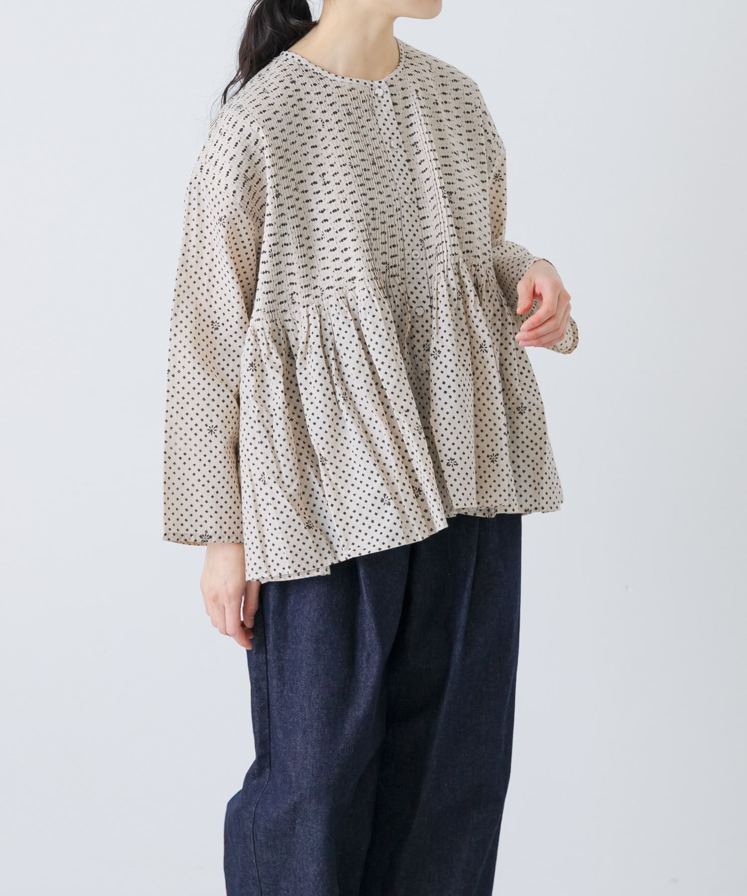 maison de soil BLOCK PRINT CREW NECK SHIRTS(1 LT BEIGE): トップス
