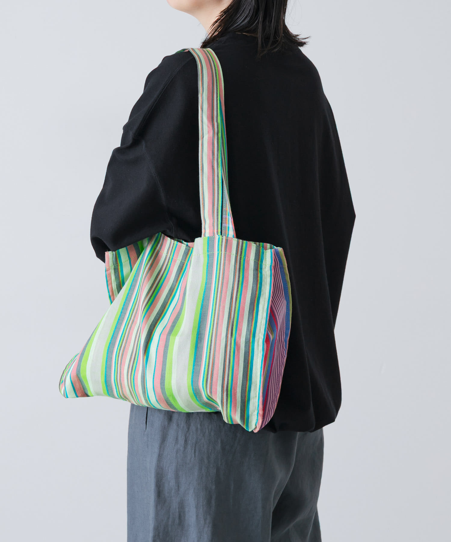 アフリカンスクエア　キコイストライプ横長トート グリーン Free