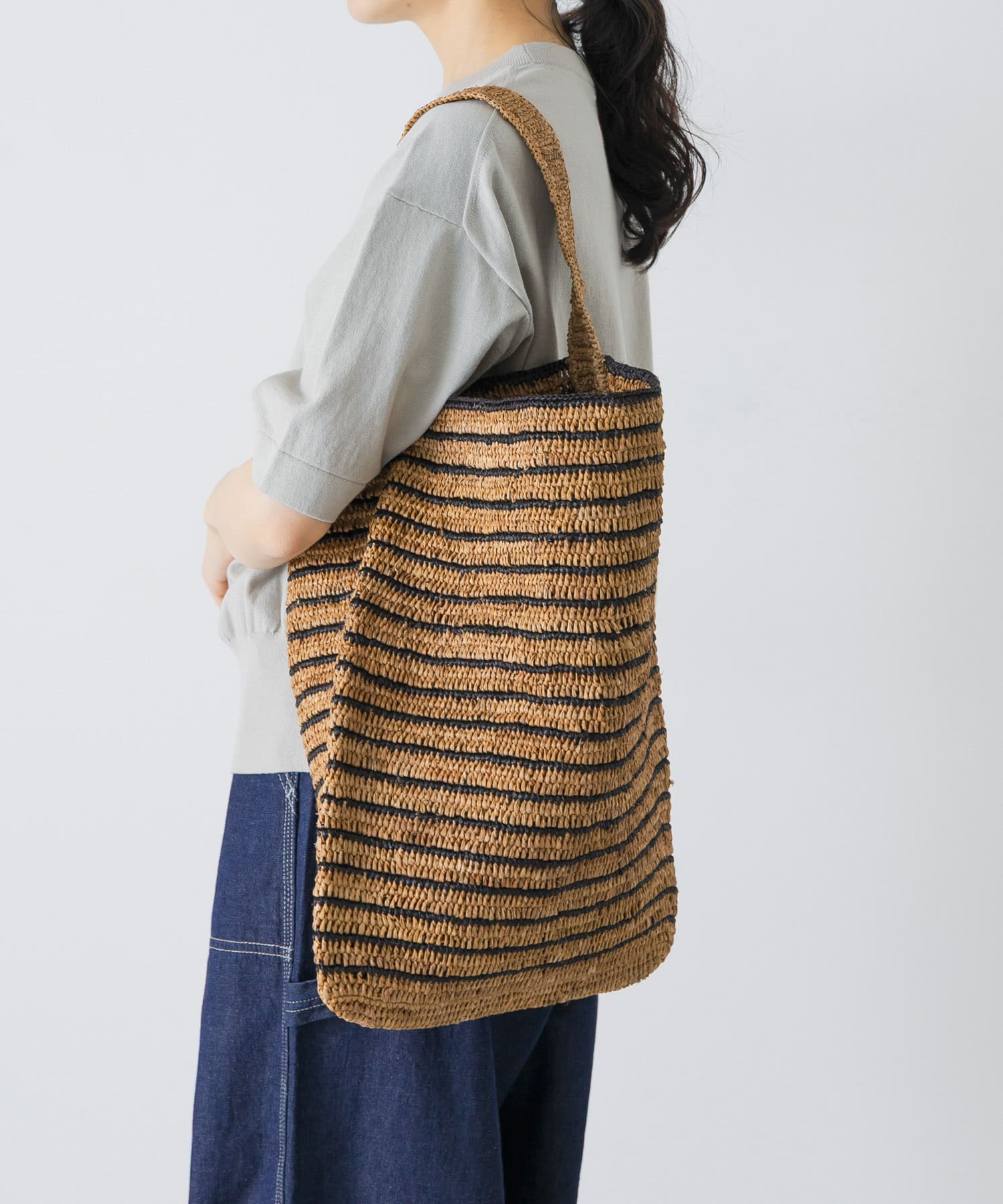 アフリカンスクエア　ラフィアかぎ編みバッグ ストライプ