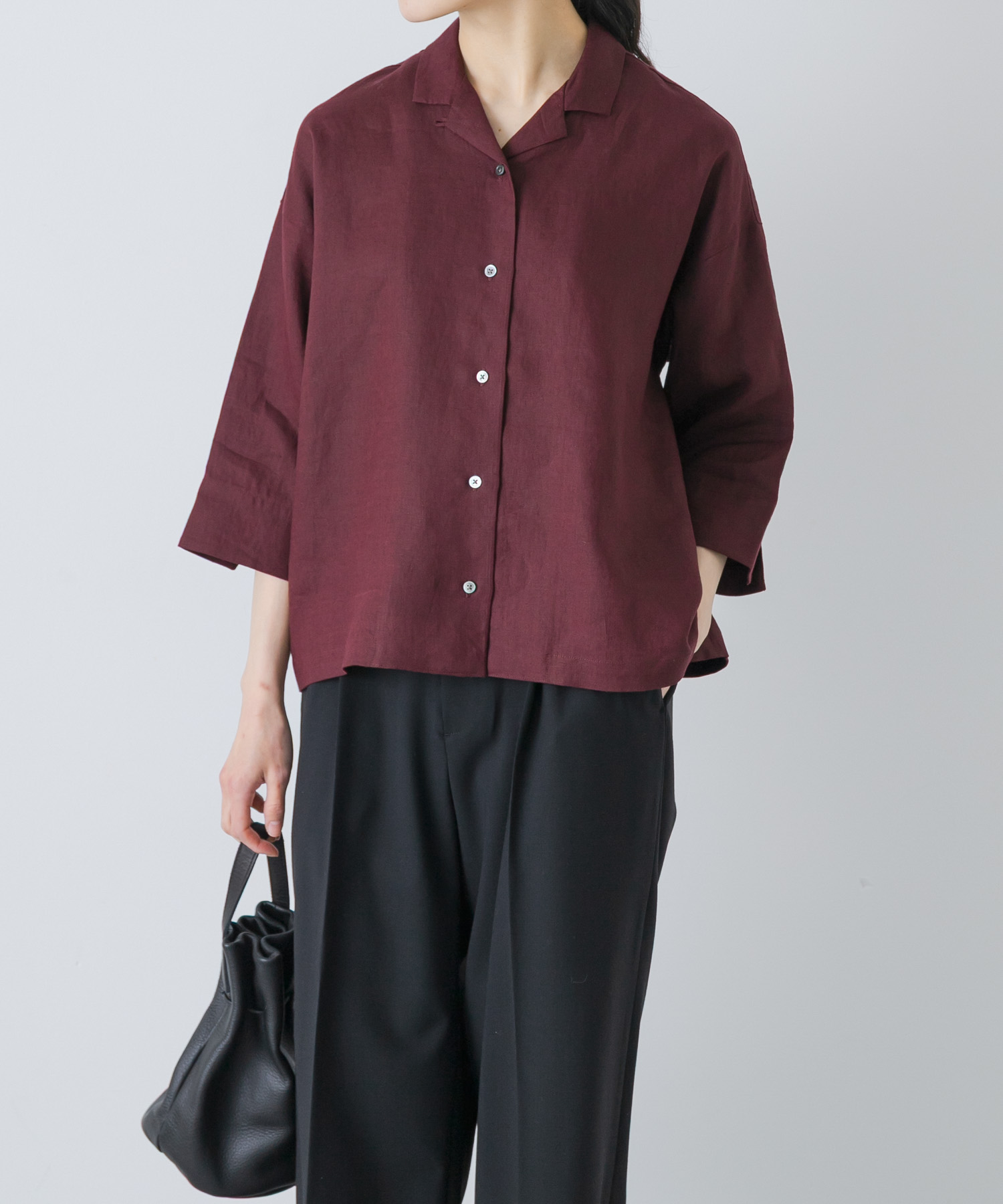 リネン半袖オープンカラーシャツ