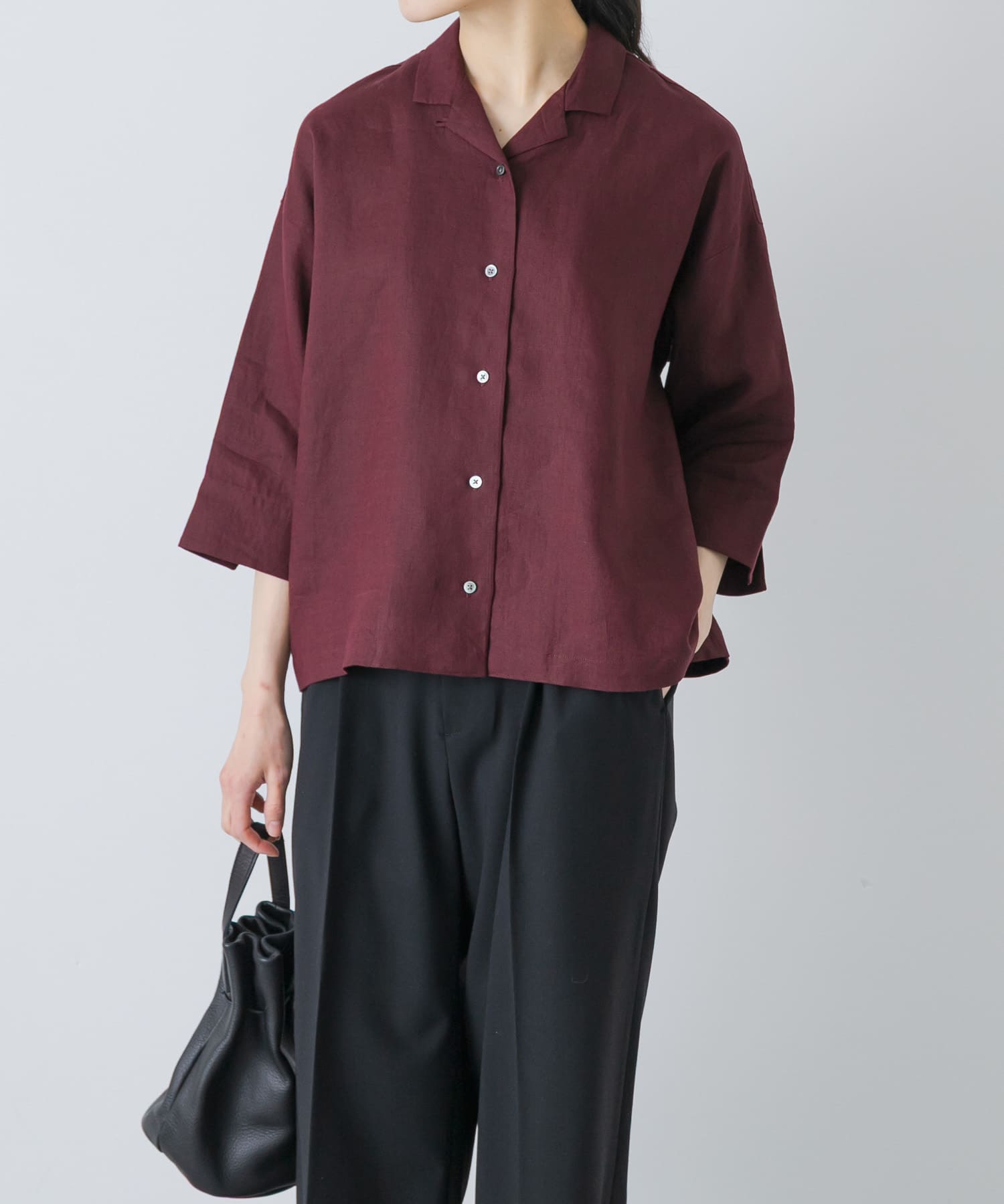 リネン半袖オープンカラーシャツ