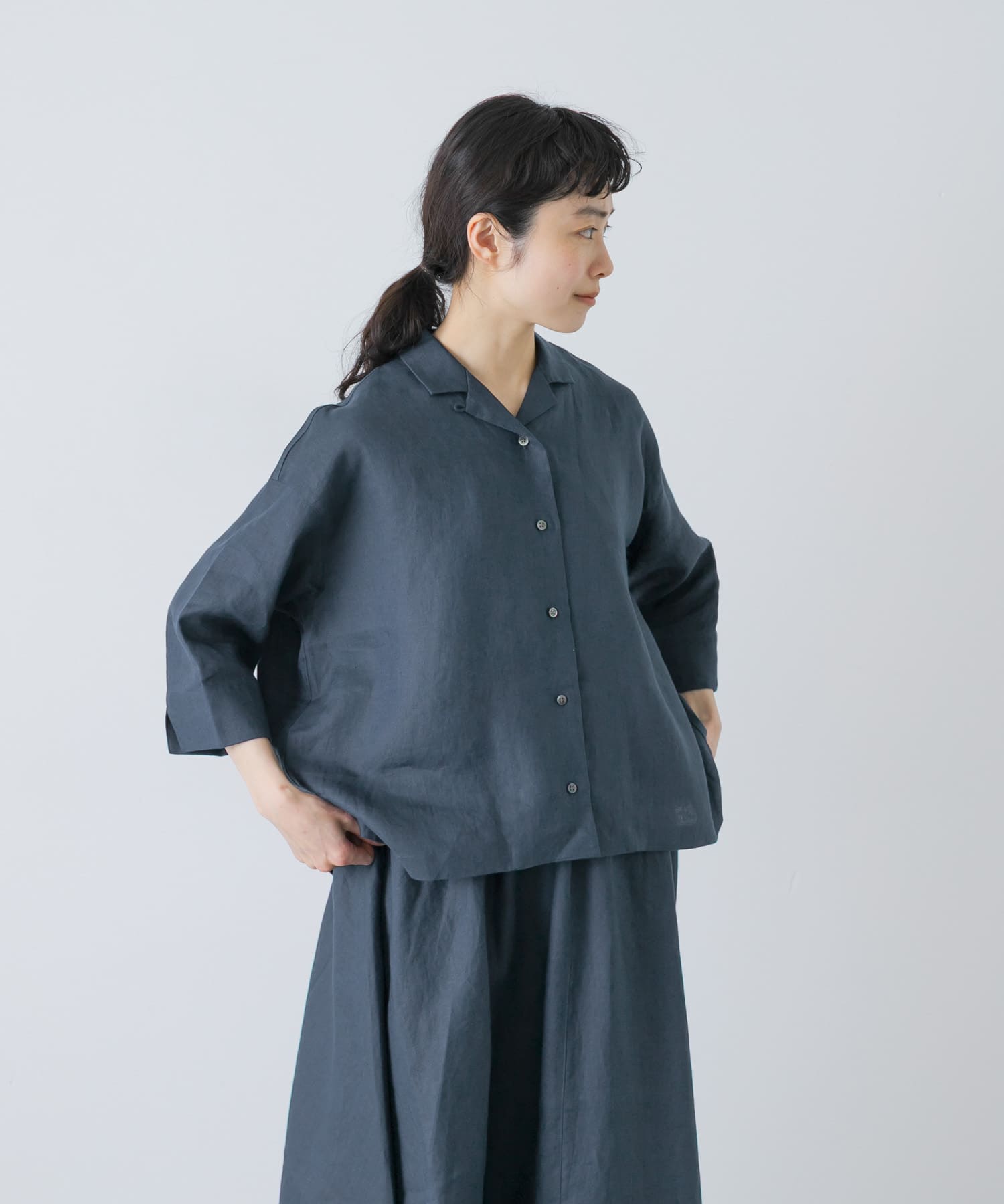 リネン半袖オープンカラーシャツ