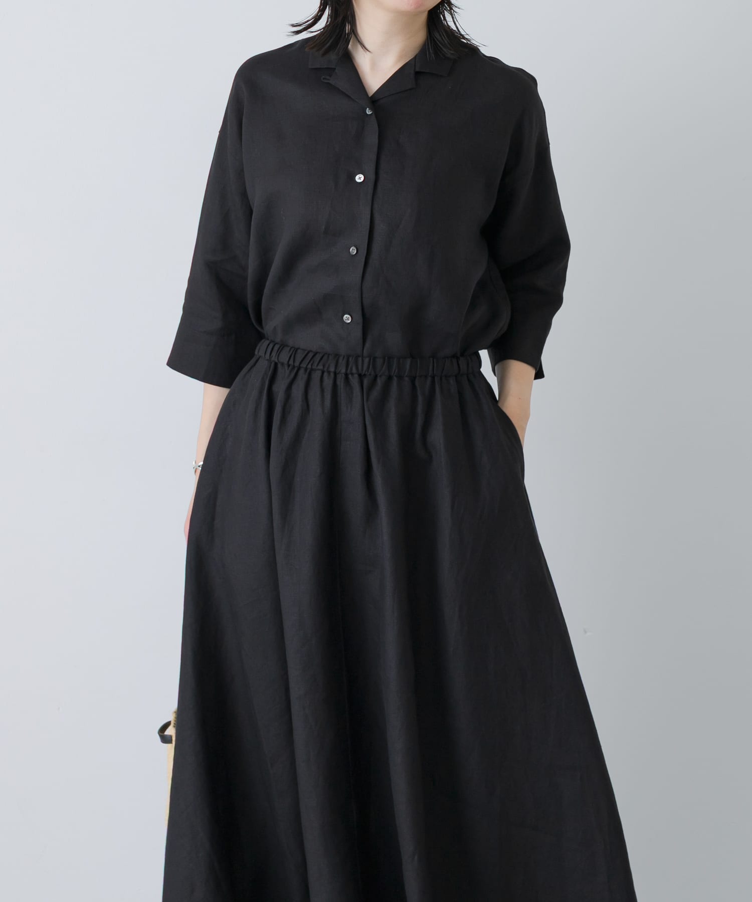 リネン半袖オープンカラーシャツ