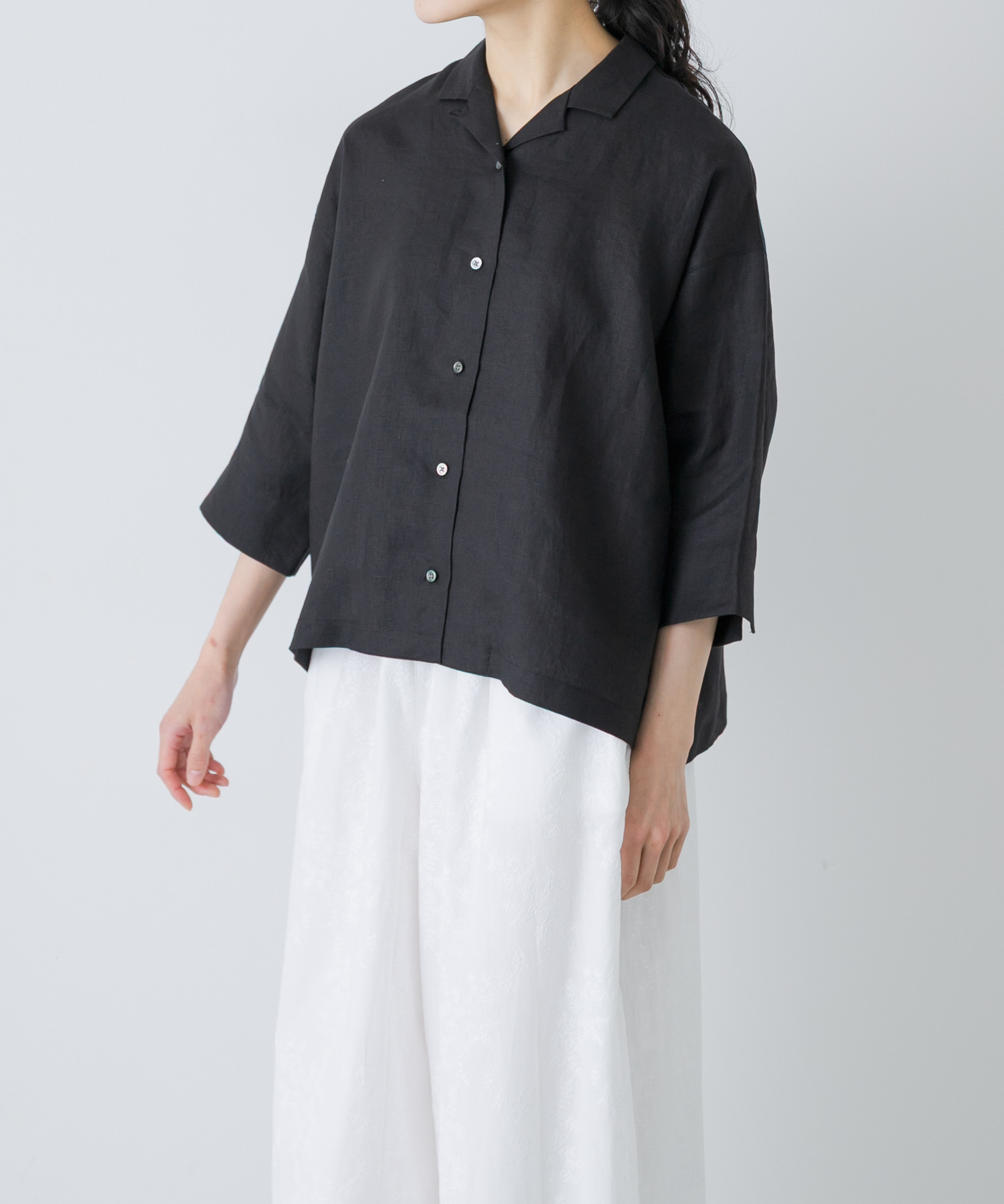 リネン半袖オープンカラーシャツ