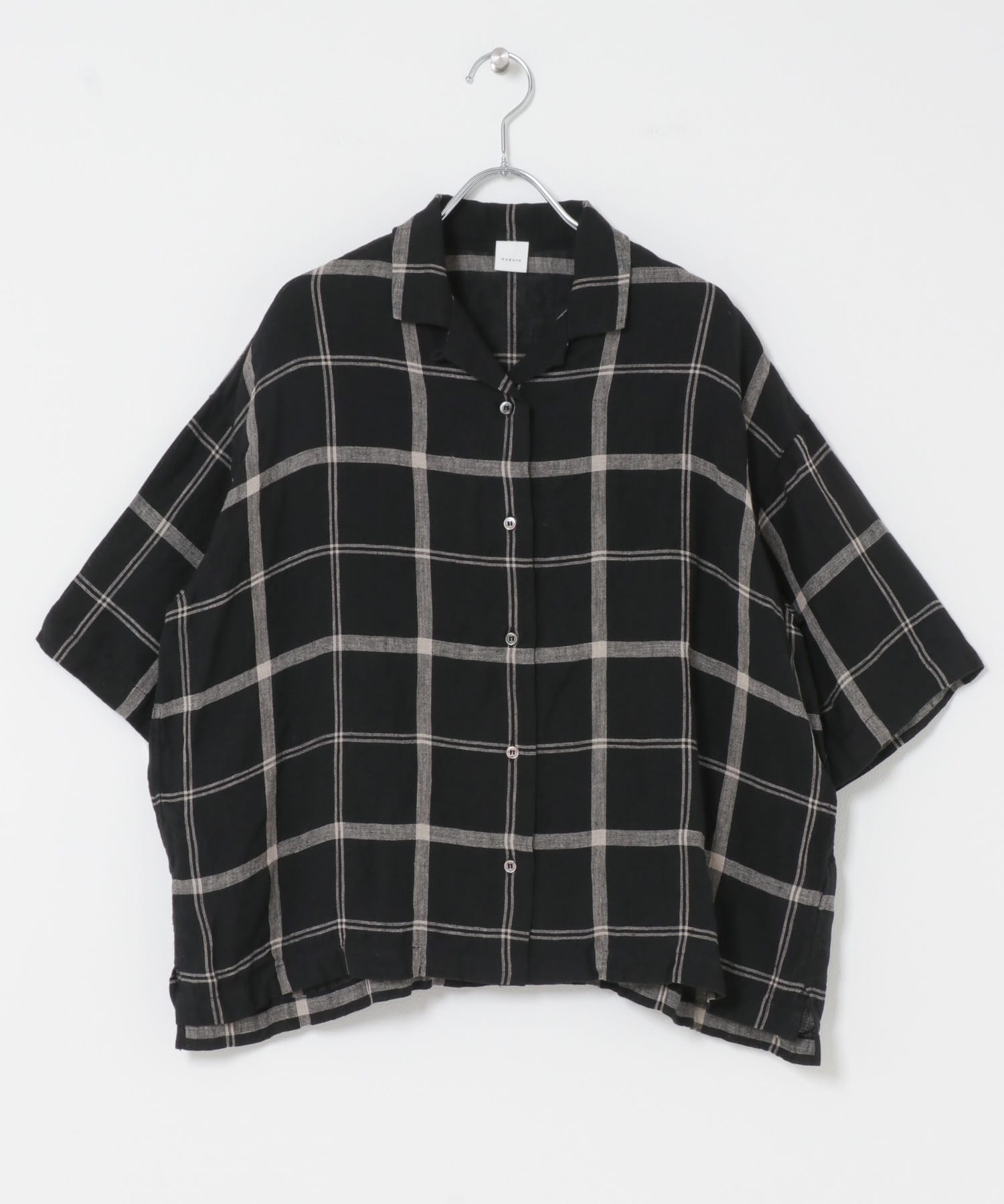 リネンチェック半袖シャツ BLACK Free