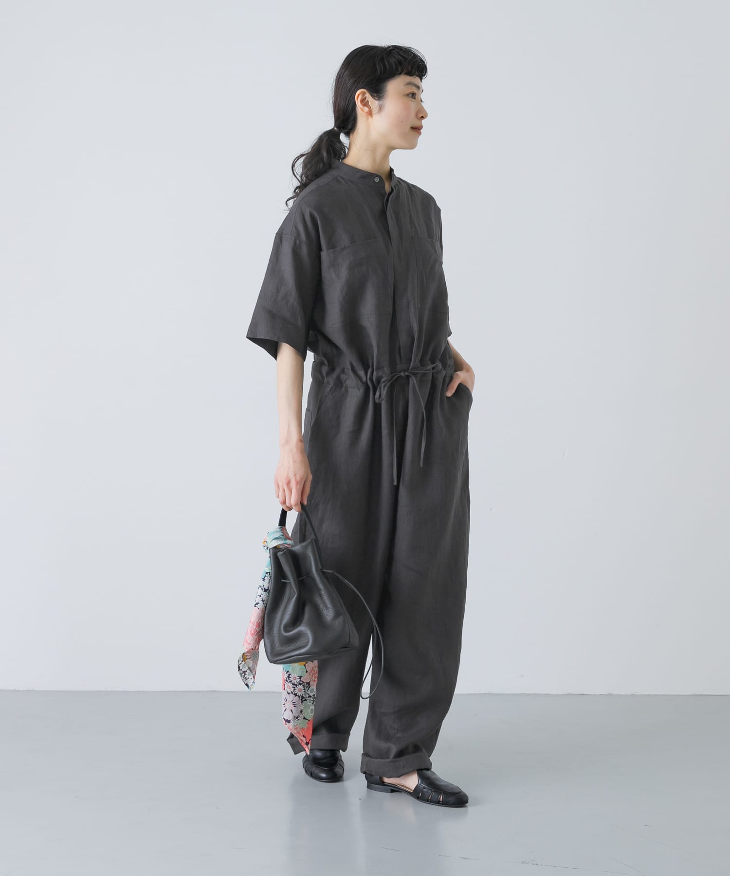 リネンハーフスリーブオールインワン