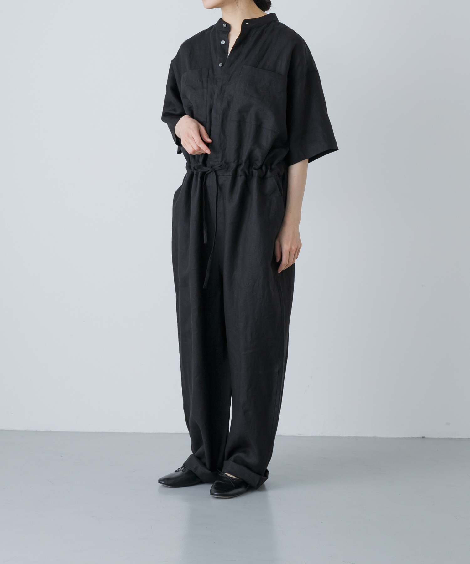 リネンハーフスリーブオールインワン