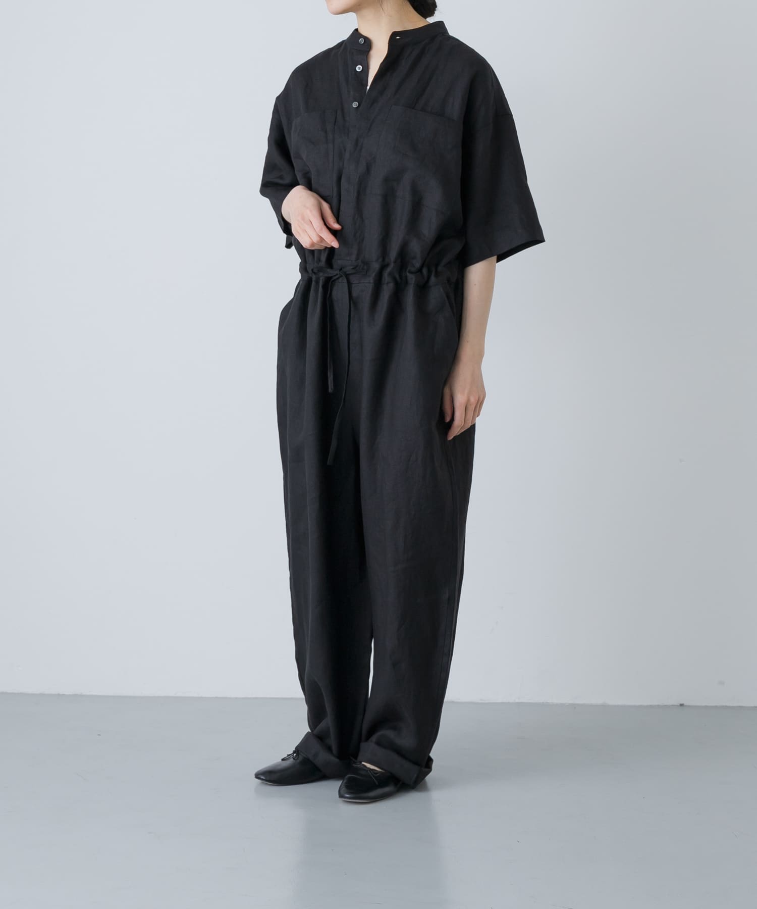 リネンハーフスリーブオールインワン