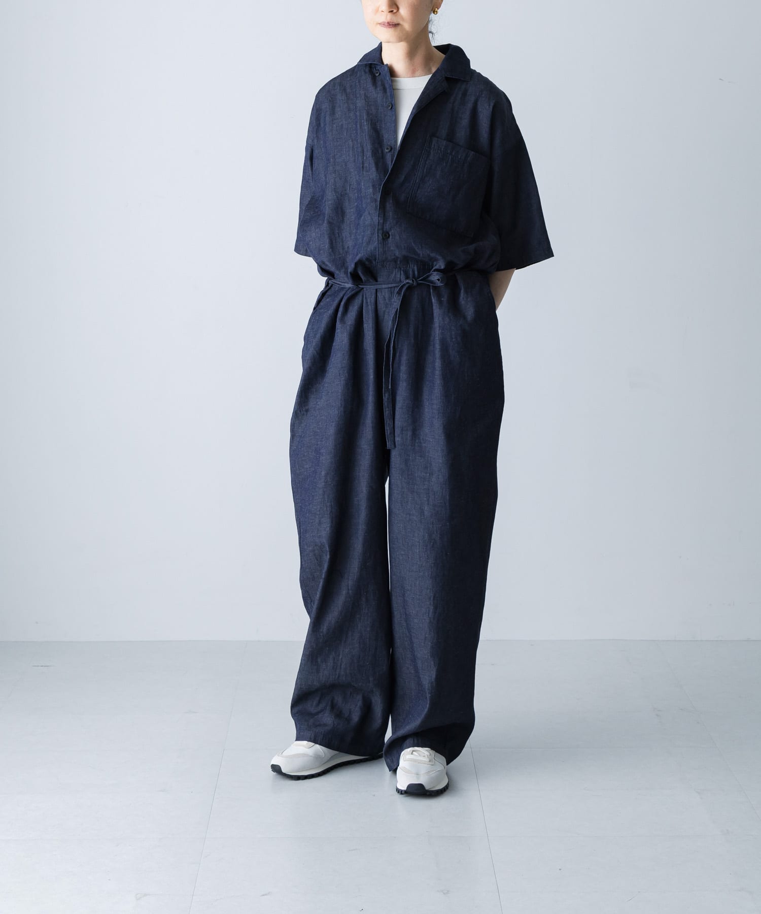 綿麻デニムハーフスリーブオールインワン